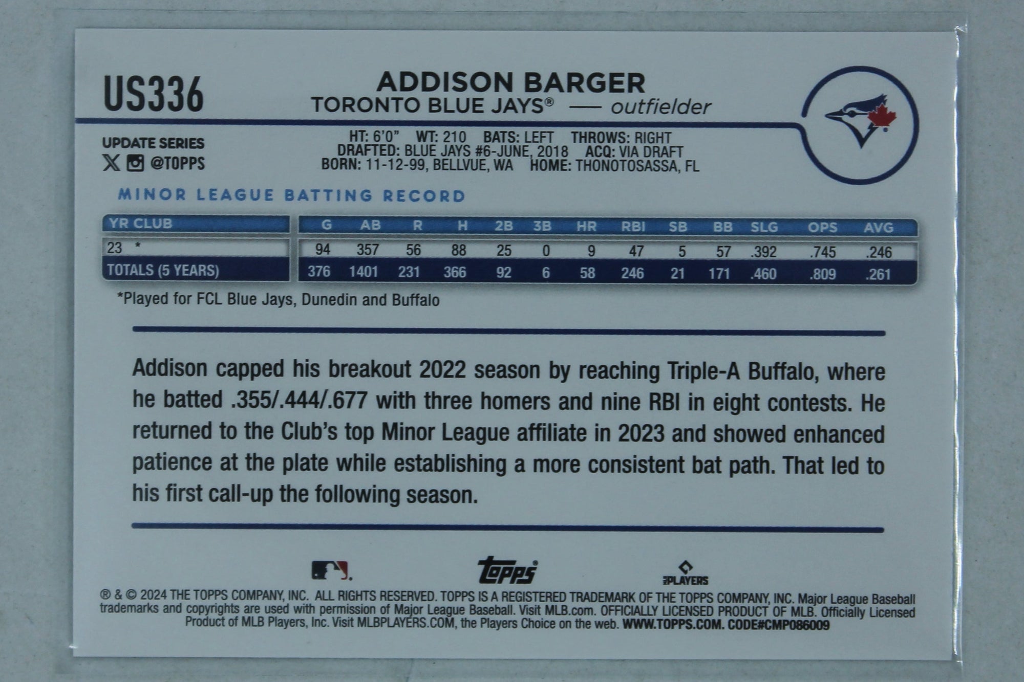 Addison Barger 2024 Topps Update Series Rookie Card