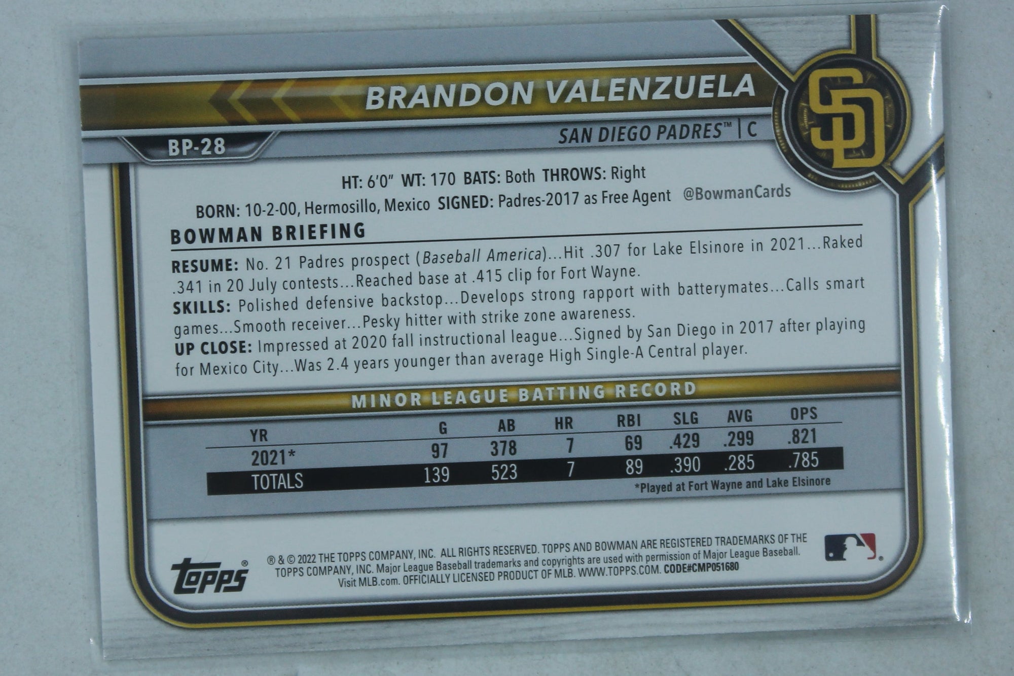 2022 Bowman - Prospects #BP-28  Brandon Valenzuela PRC