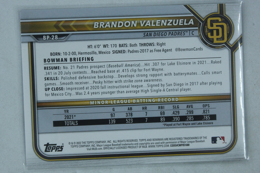 2022 Bowman - Prospects #BP-28  Brandon Valenzuela PRC