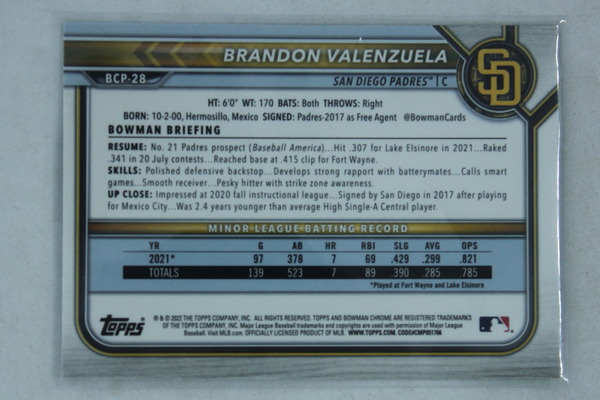 2022 Bowman Chrome - Prospects #BCP-28  Brandon Valenzuela PRC