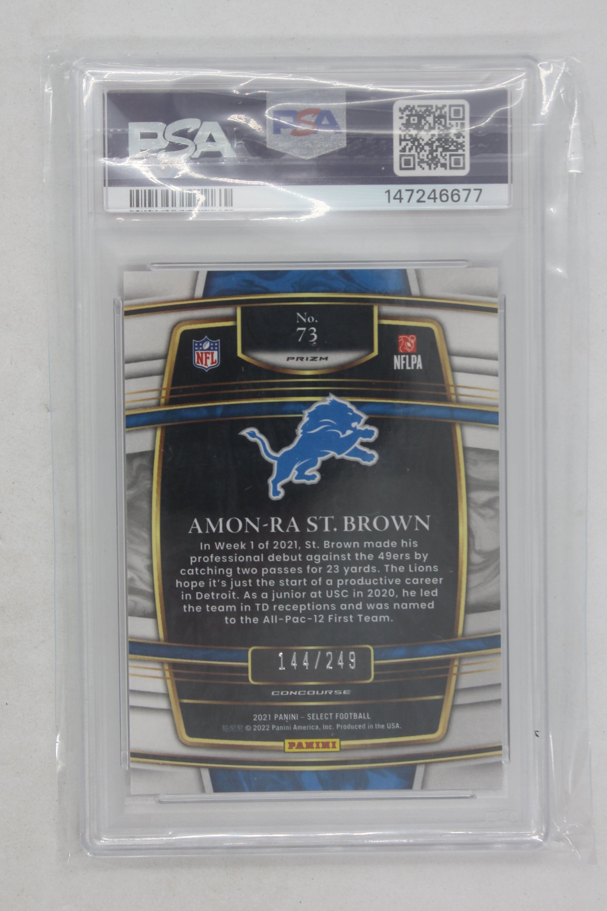 Amon-Ra St. Brown 2021 Panini Select - Tri-Colour Prizm Rookie Card - PSA MINT 9 #144/249