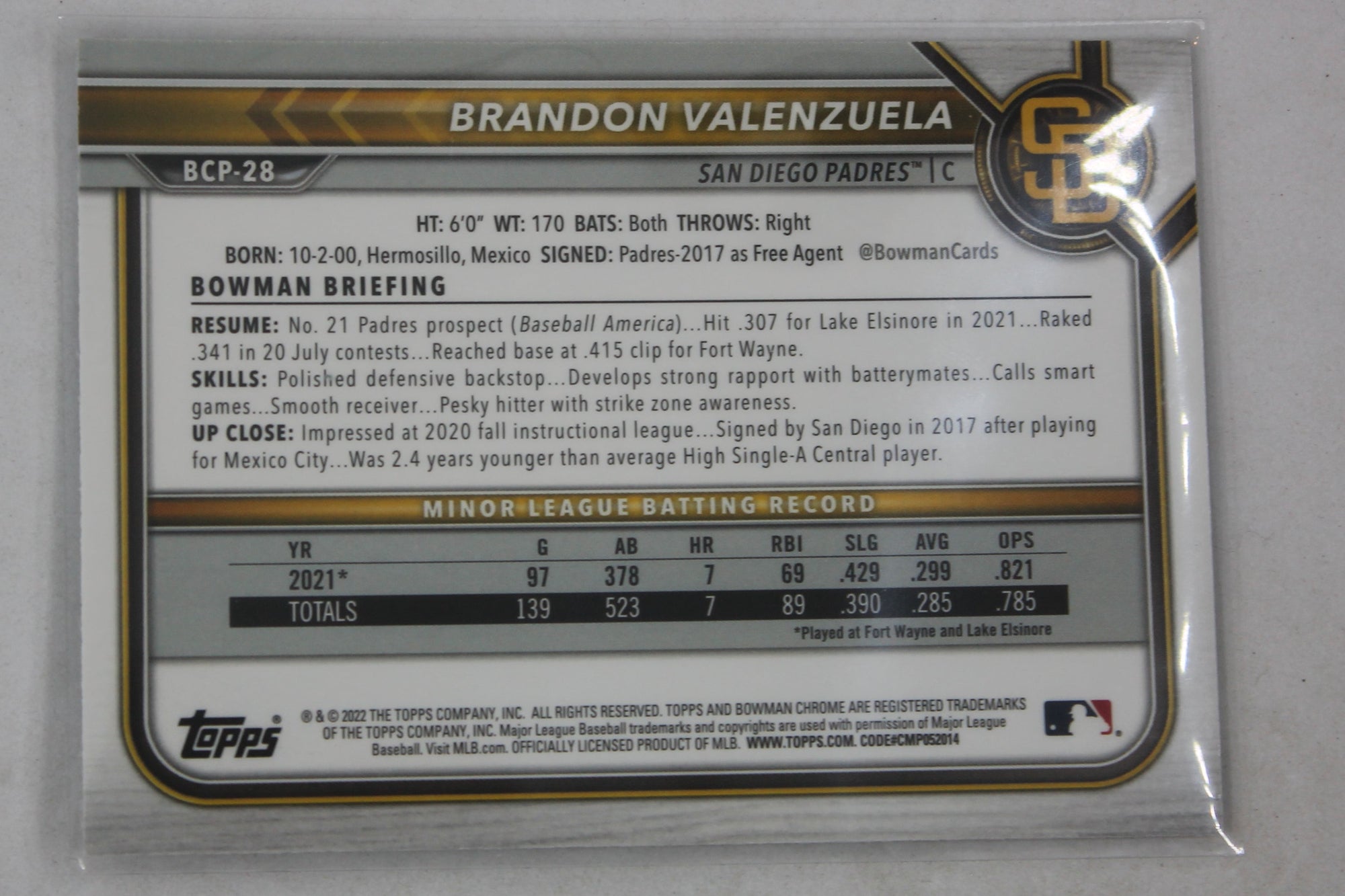 2022 Bowman Chrome - Prospects Mojo Refractor #BCP-28  Brandon Valenzuela PRC