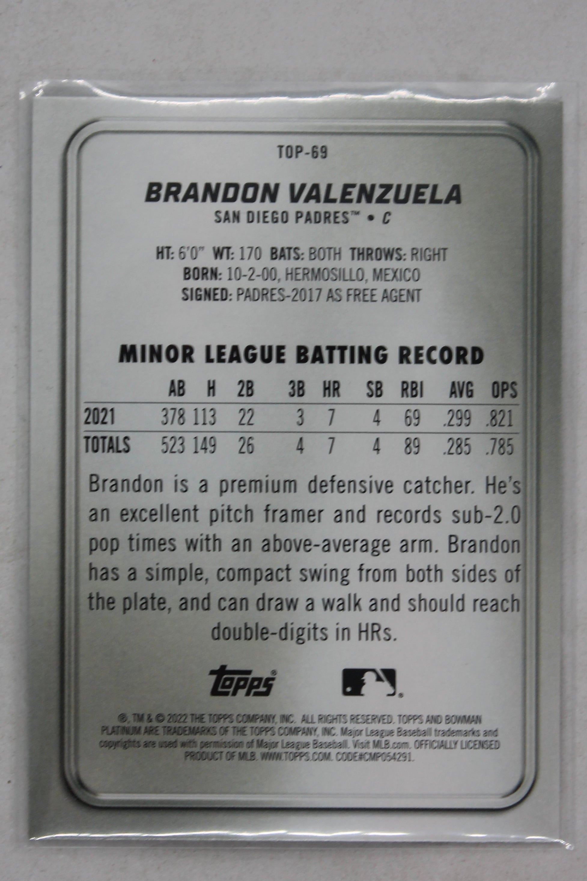 2022 Bowman Platinum - Top Prospects - Ice Foilboard #Top-69  Brandon Valenzuela PRC