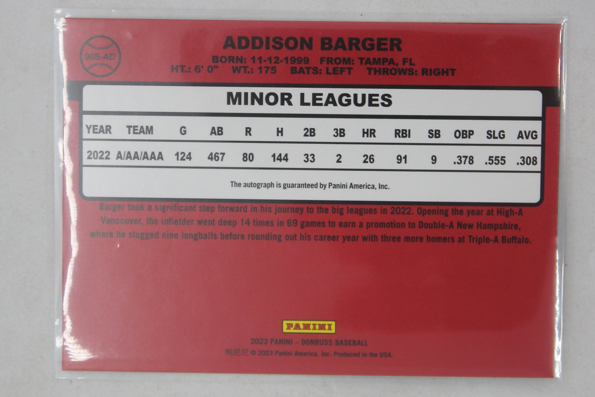 Addison Barger 2023 Panini Donruss - Retro 1990 Signatures - Holo Autographed PRC Card
