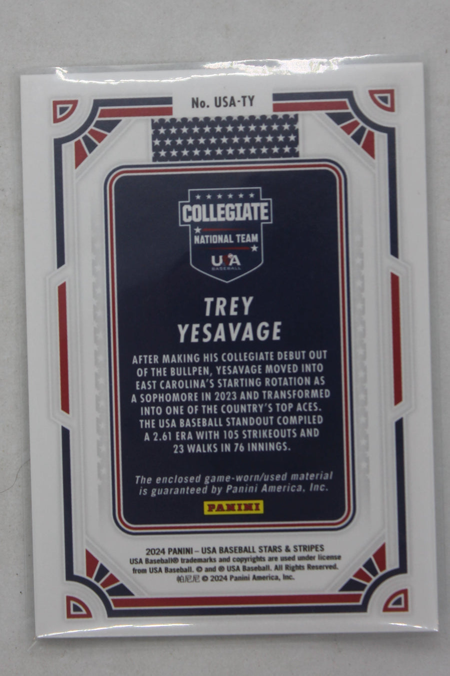 Trey Yesavage 2024 Panini Stars & Stripes - USA Materials Jersey Card PRC