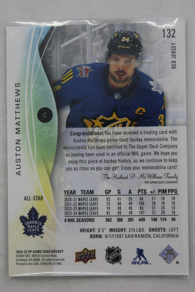 Auston Matthews 2024-25 Upper Deck SP Game-Used Red Jersey Card - Toronto Maple Leafs