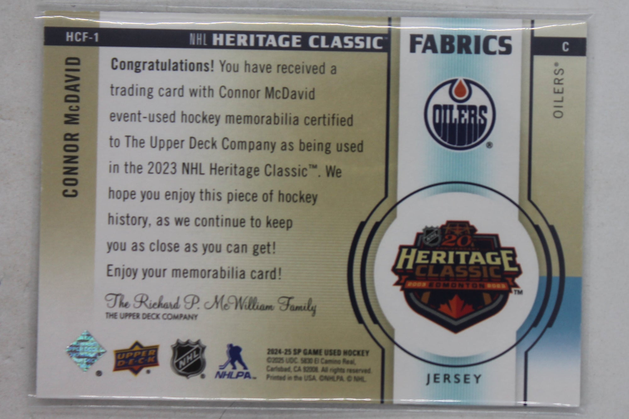 CONNOR McDAVID 2024-25 UD SP Game-Used - 2023 Heritage Classic Fabrics - Jersey Card