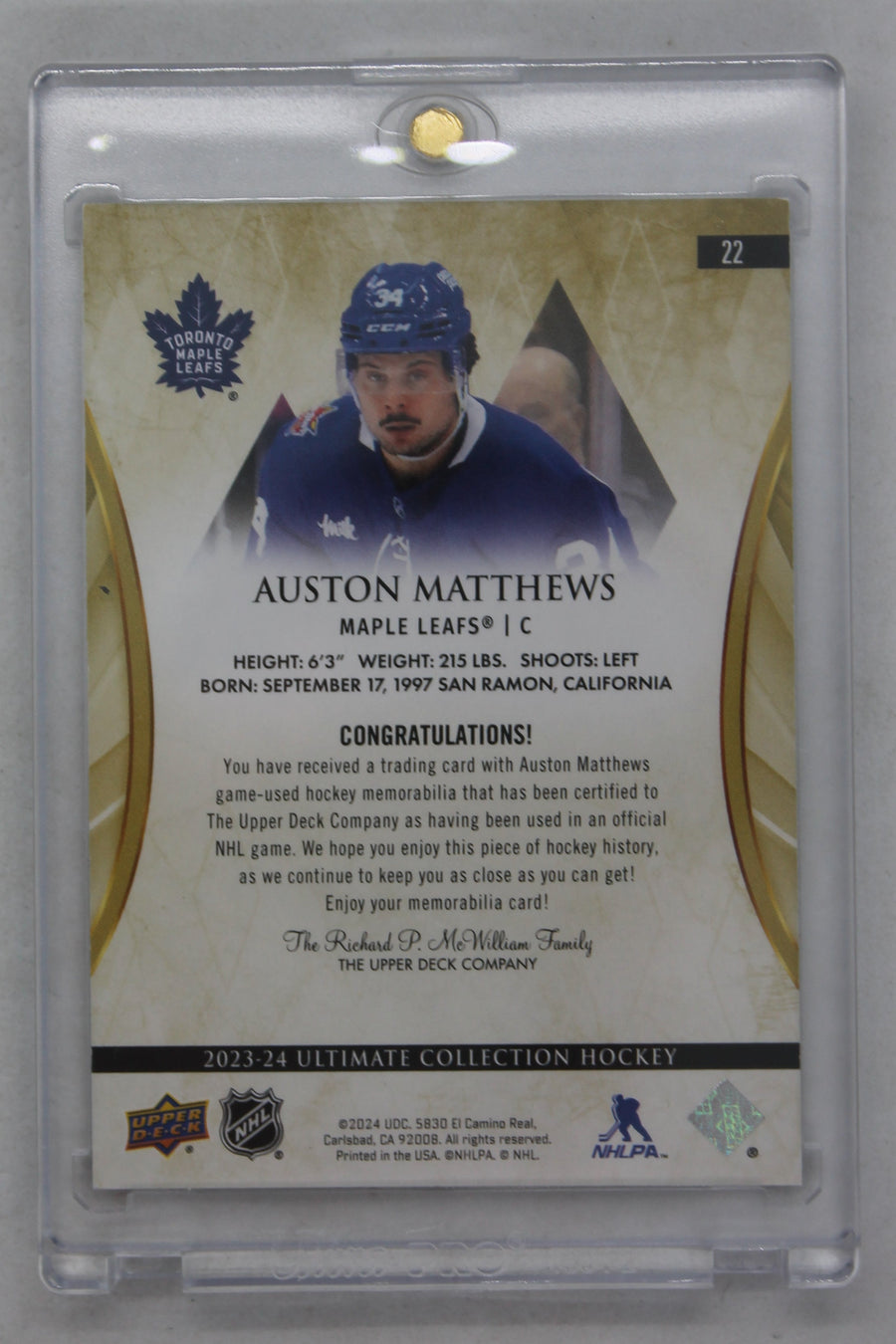 Auston Matthews 2023-24 Upper Deck Ultimate Collection Jersey Card - Toronto Maple Leafs #139/149
