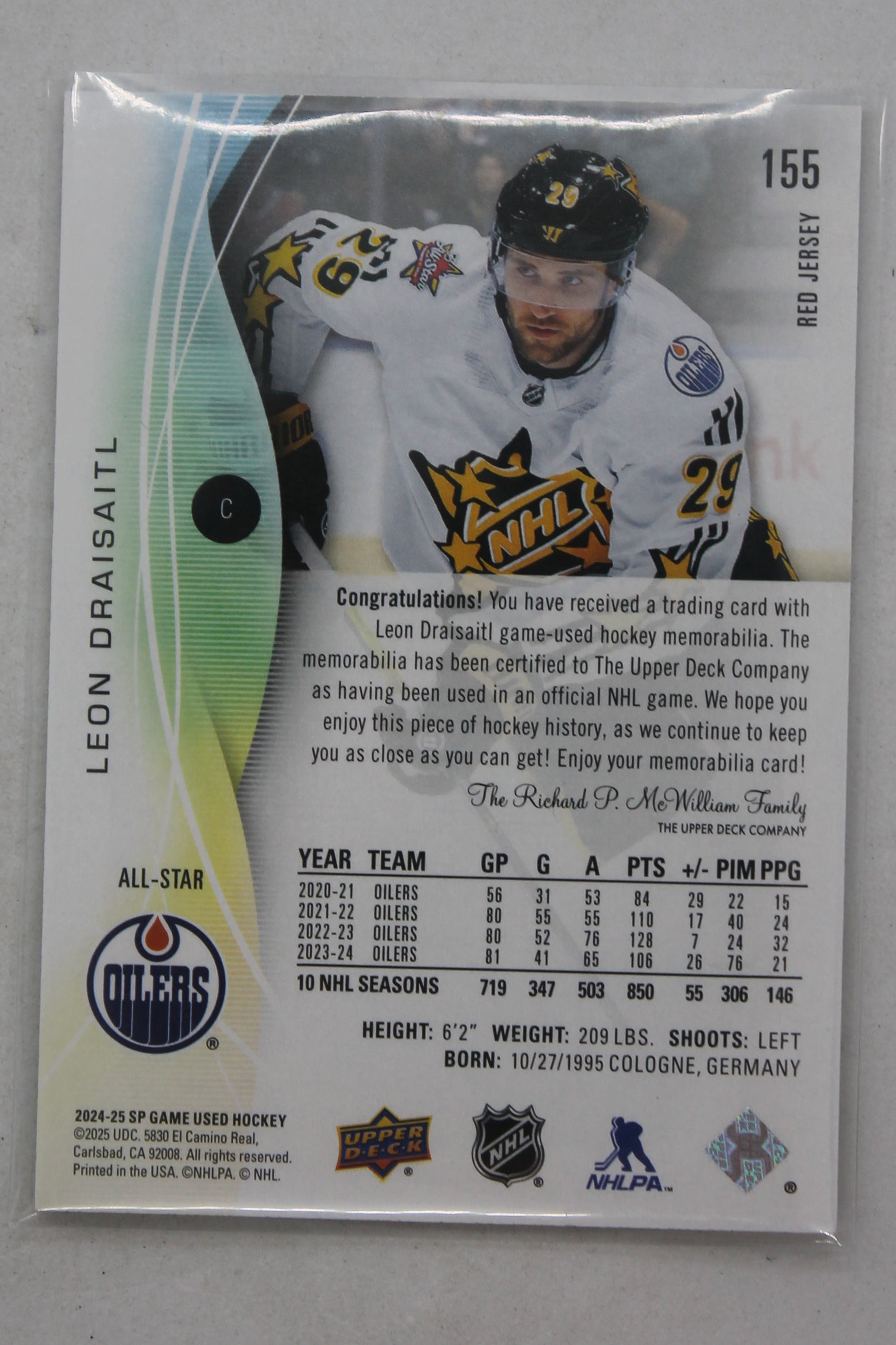2024-25 UD SP Game-Used Leon Draisaitl Red Jersey Card