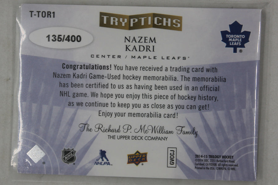 Nazem Kadri 2014-15 Upper Deck Trilogy - Tryptichs - Jerseys #135/400 - Jersey Card