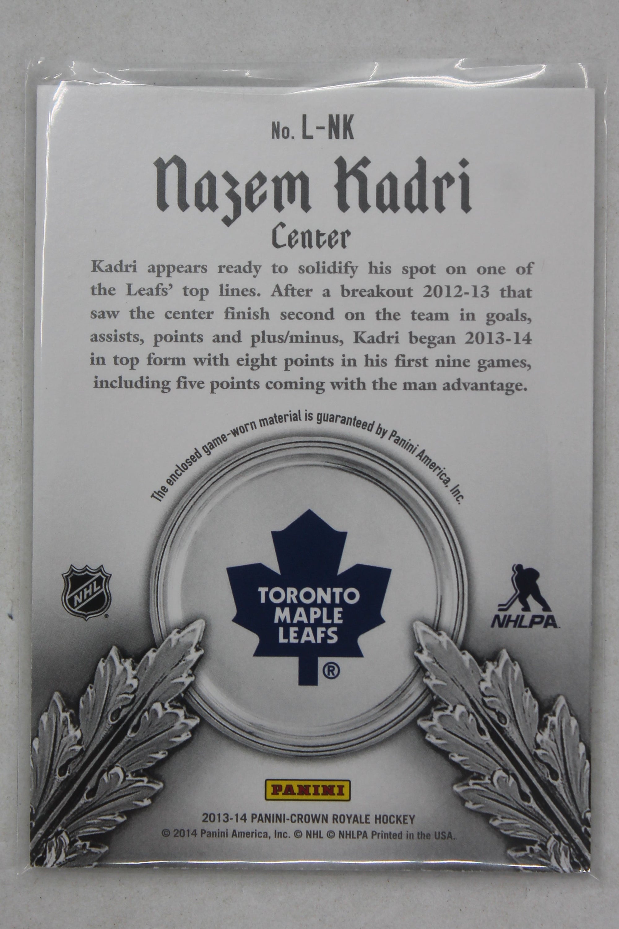 Nazem Kadri 2013-14 Panini Crown Royale - Lords of the NHL Materials - Jersey Card