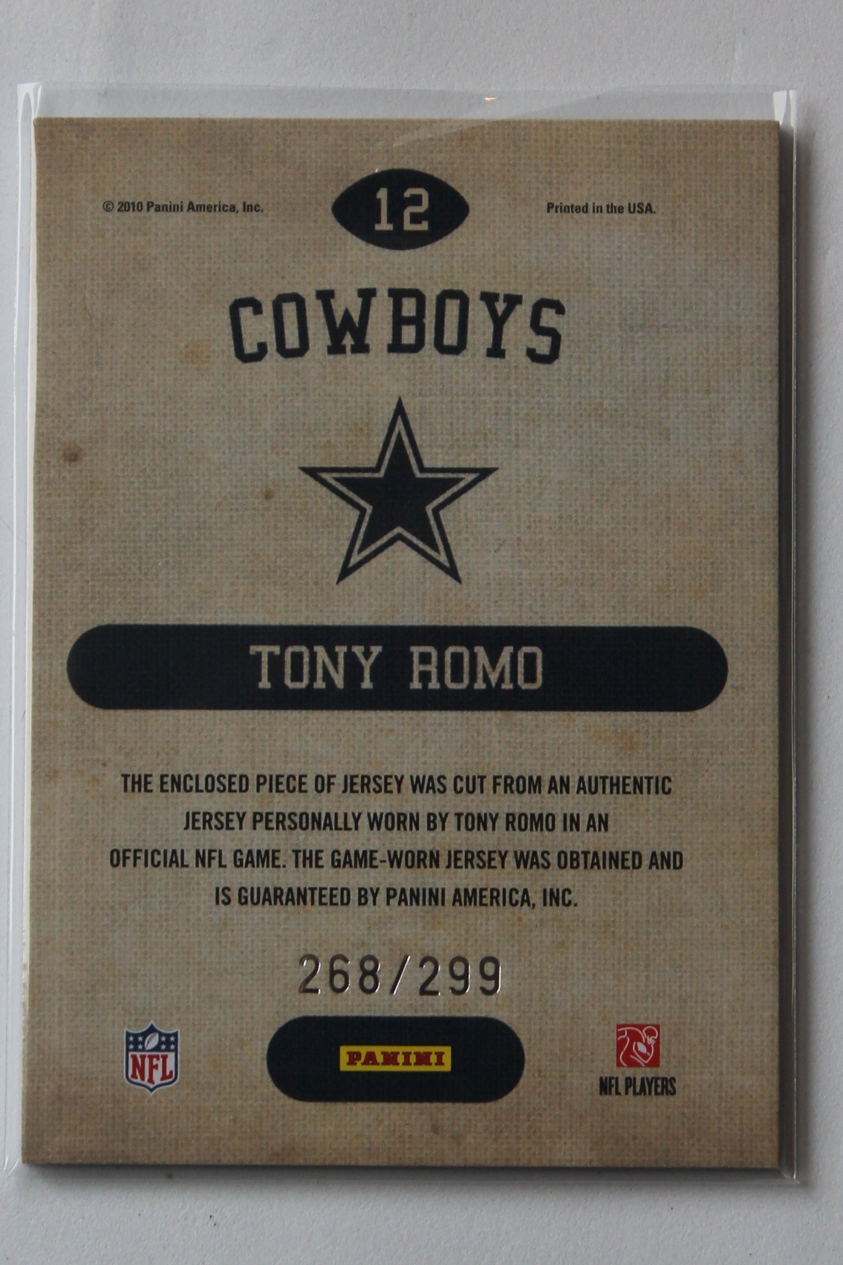 Tony Romo 2010 Panini Threads - Game Day Jerseys - #12 Jersey Card #268/299