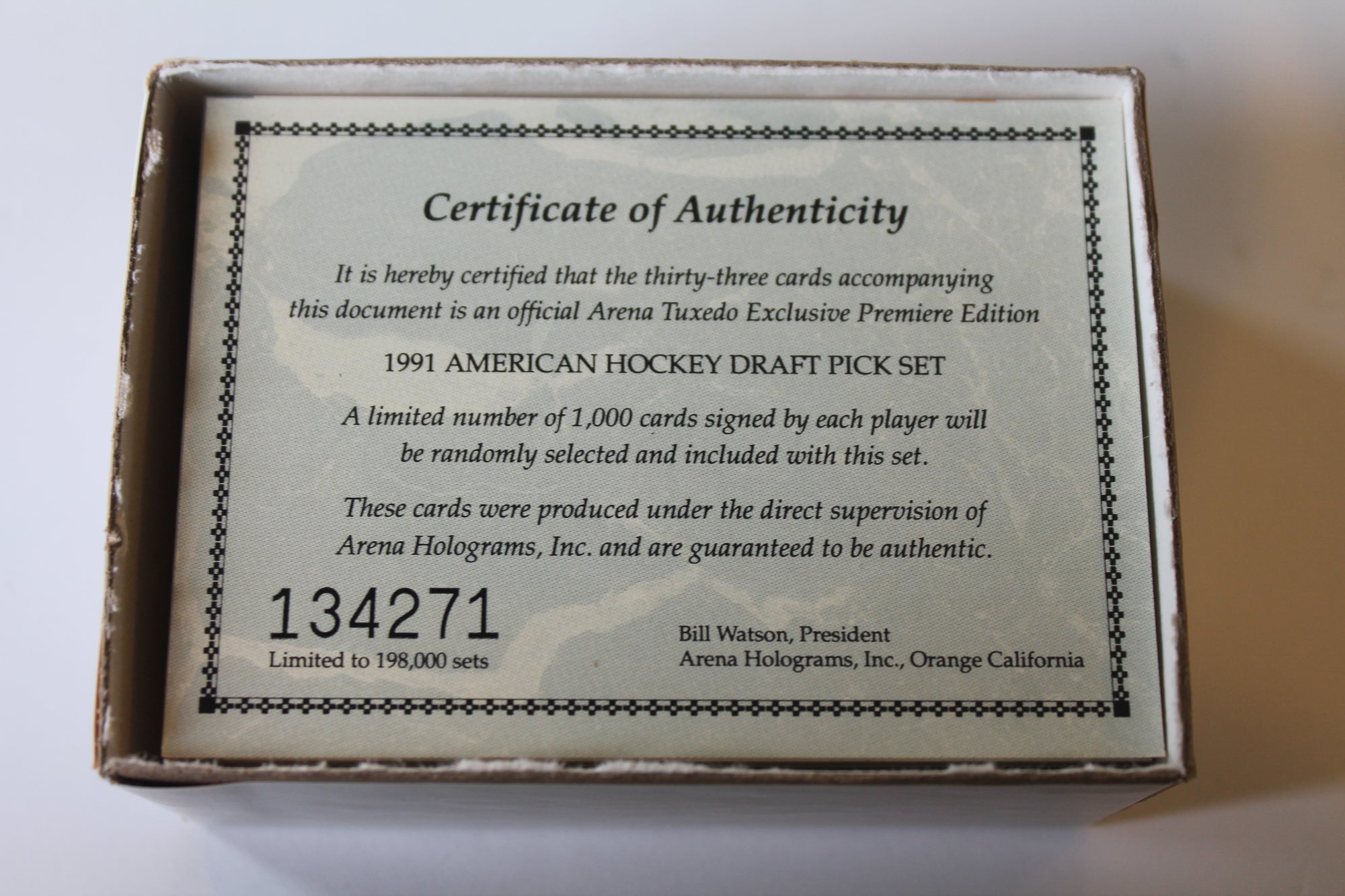 1991 Arena American Hockey Draft Pick Set, 33 Card Set with Certification