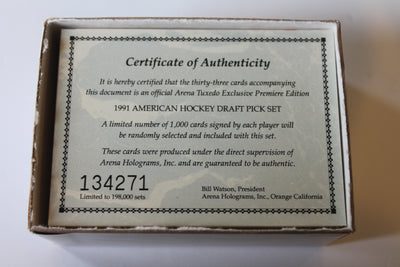 1991 Arena American Hockey Draft Pick Set, 33 Card Set with Certification