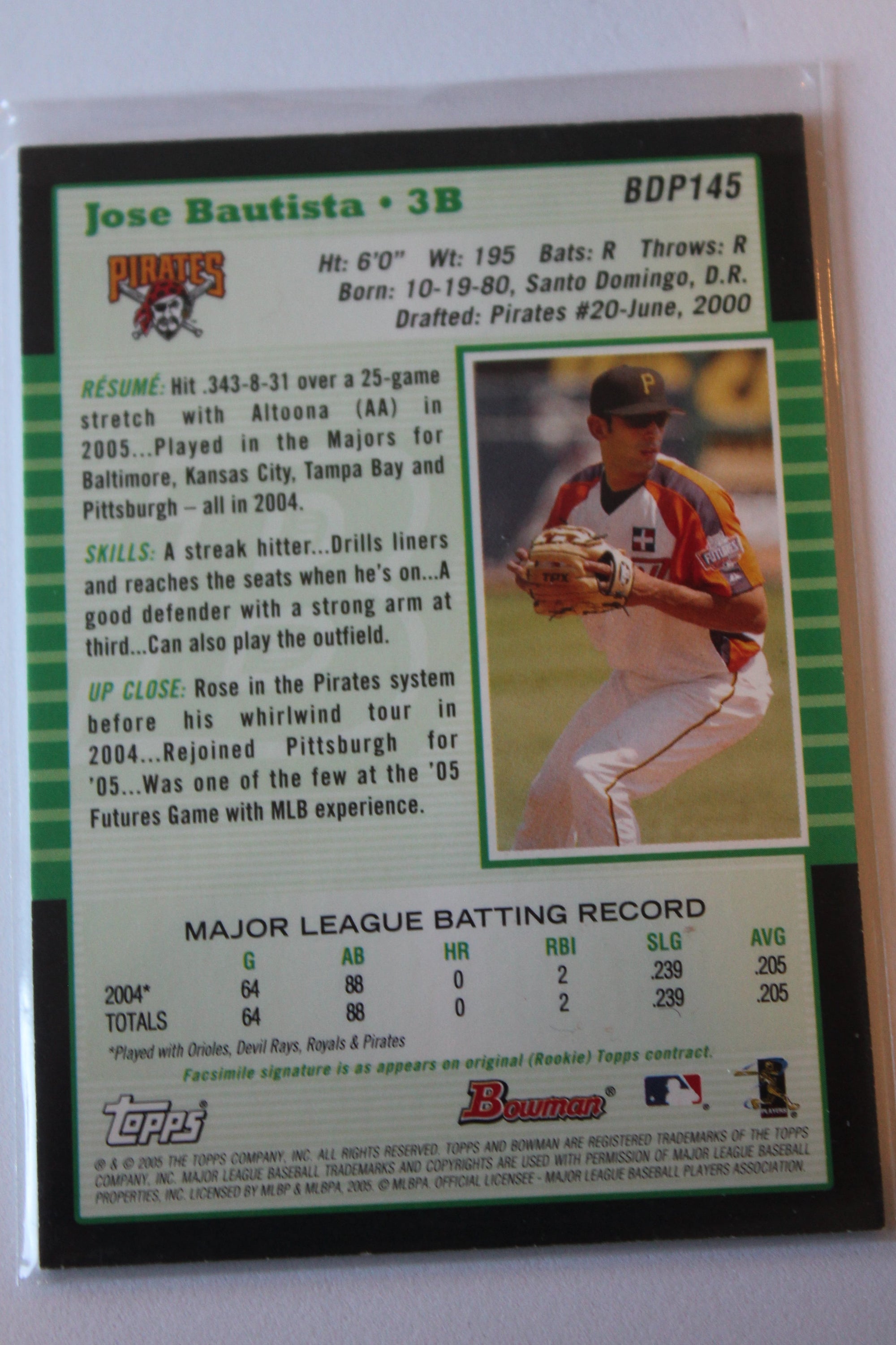 Jose Bautista  2005 Bowman Draft Picks & Prospects - Futures Game Jerseys Jersey Card