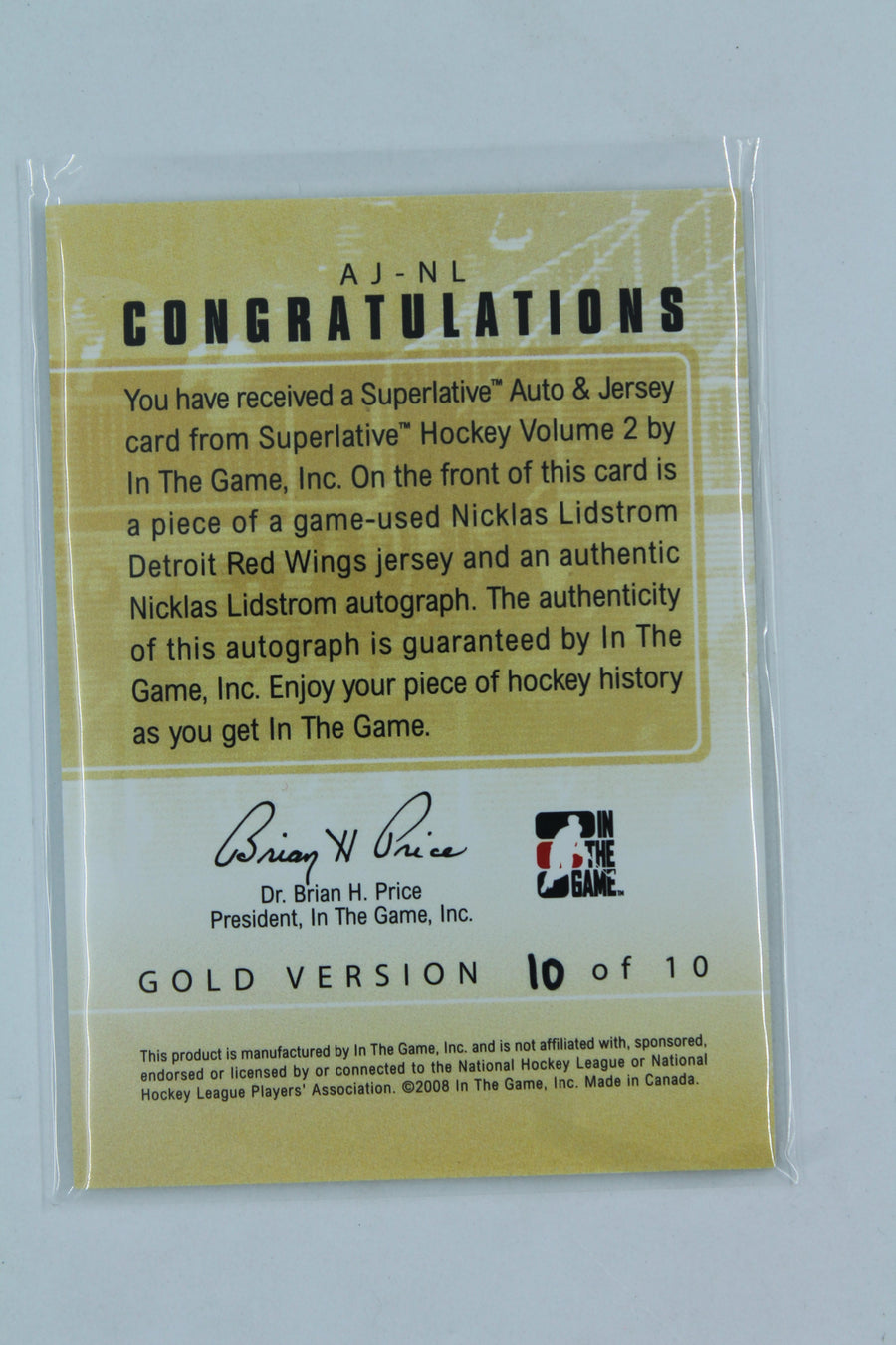 Nicklas Lidstrom 2009-10 In The Game Autograph & Jersey - Gold Card - HOF #10/10