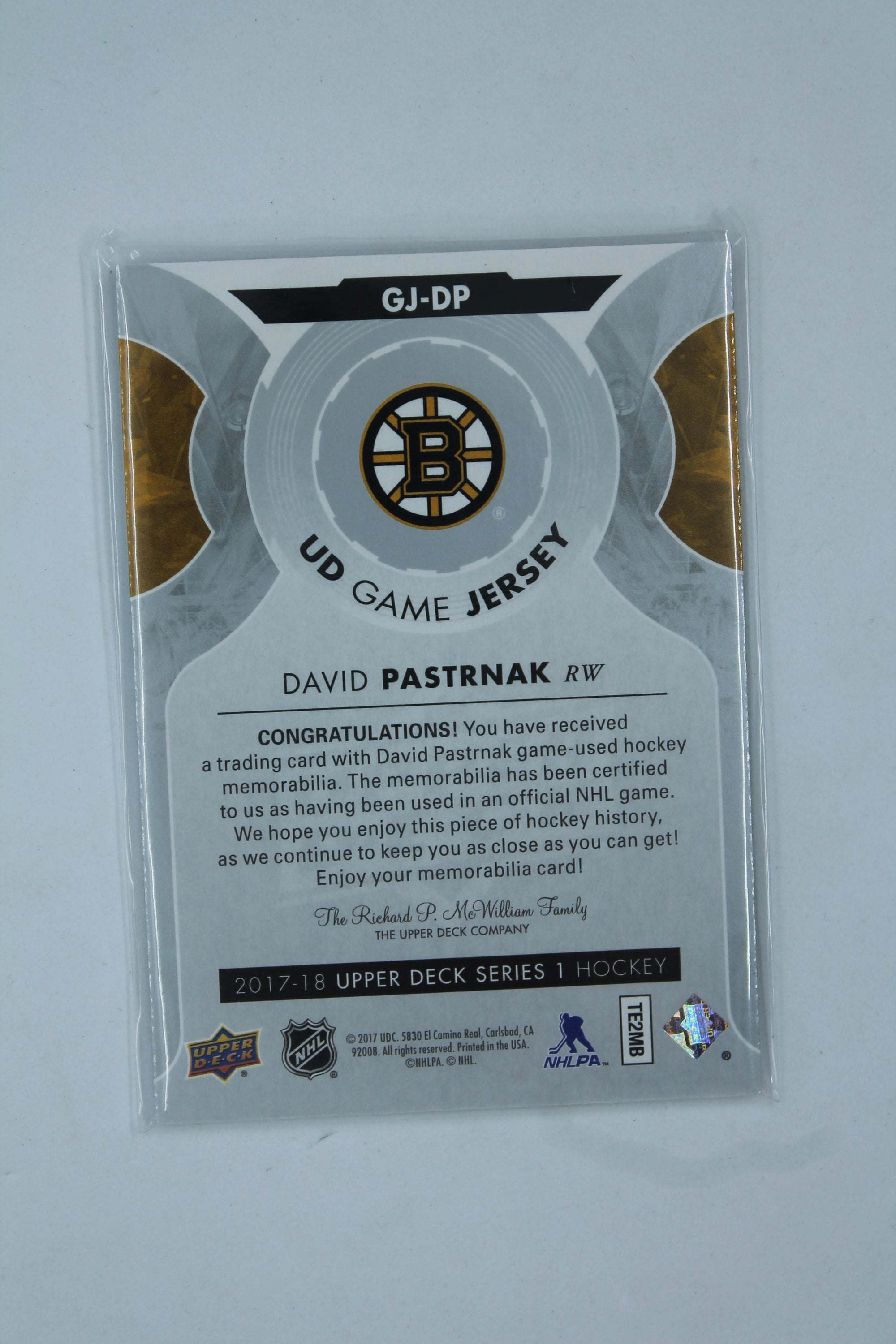 David Pastrnak 2017-18 Upper Deck - UD Game Jersey #GJ-DP Jersey Card