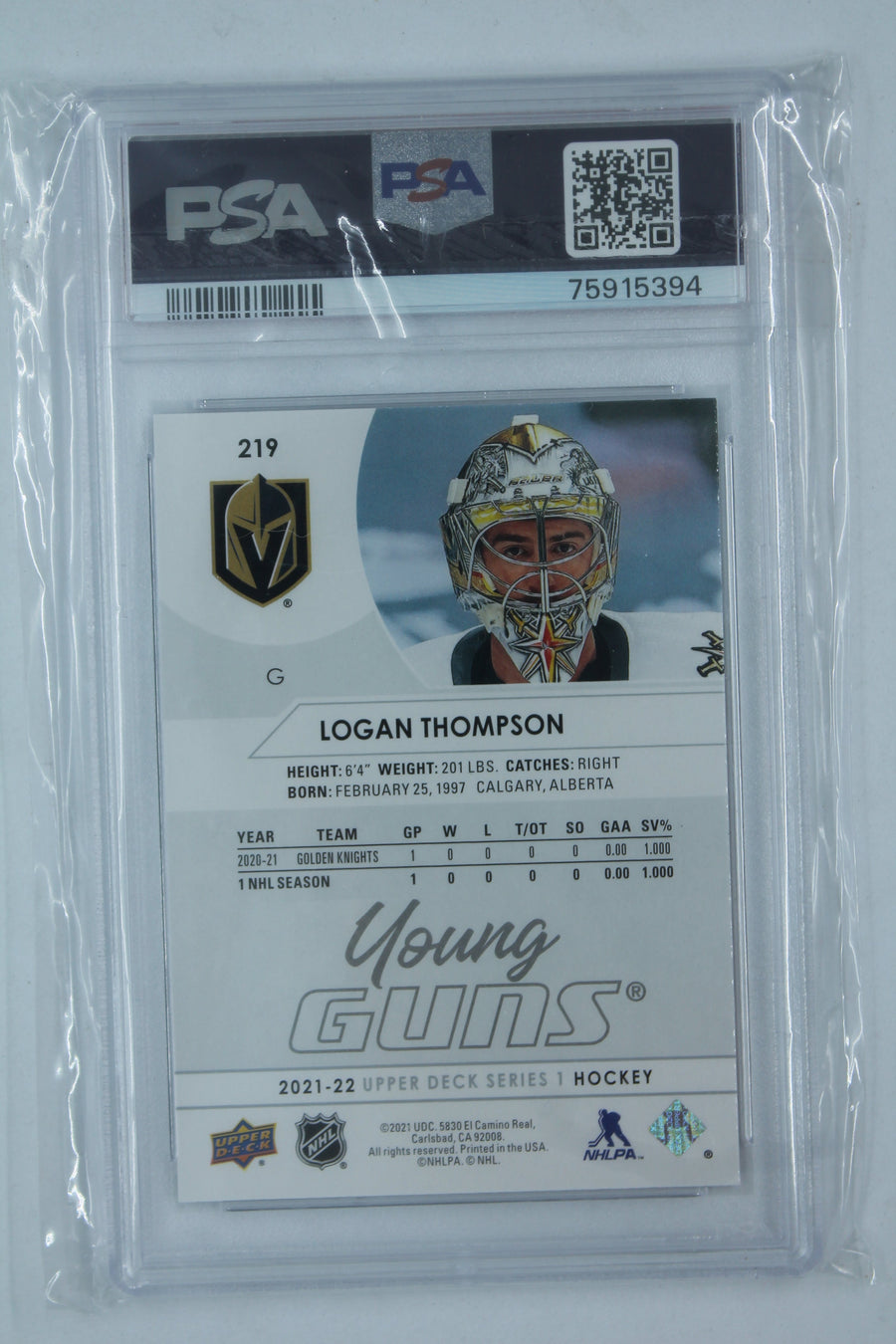 NHL Logan Thompson UD Young Guns Rookie Card - PSA Mint 9