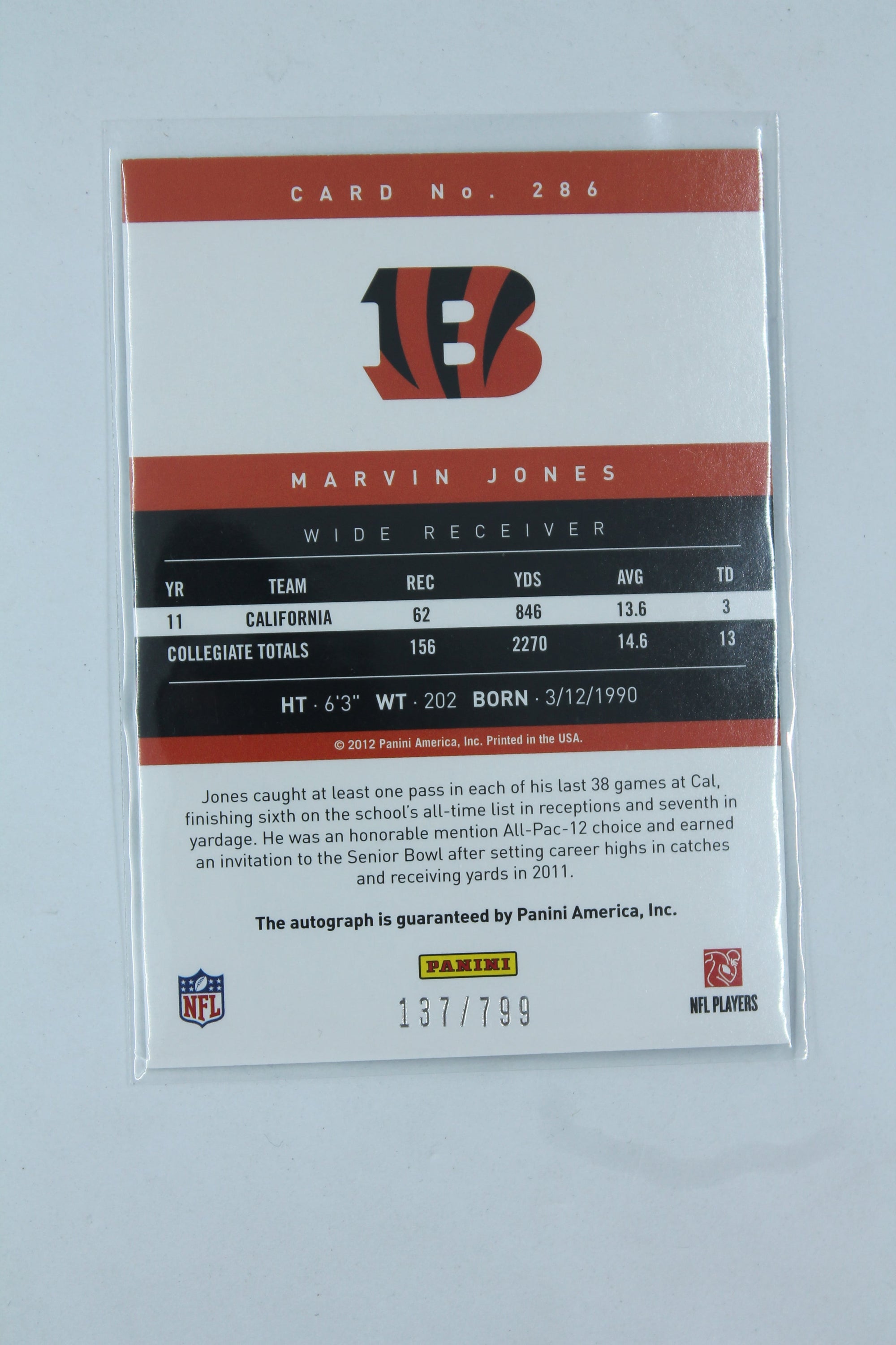 Marvin Jones 2012 Playoff Prestige - Signatures Rookie -  Rookie Card #137/799