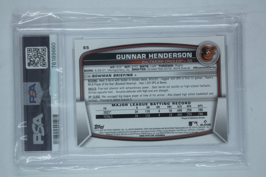 Gunnar Henderson 2023 Bowman Rookie Card - PSA Mint 9