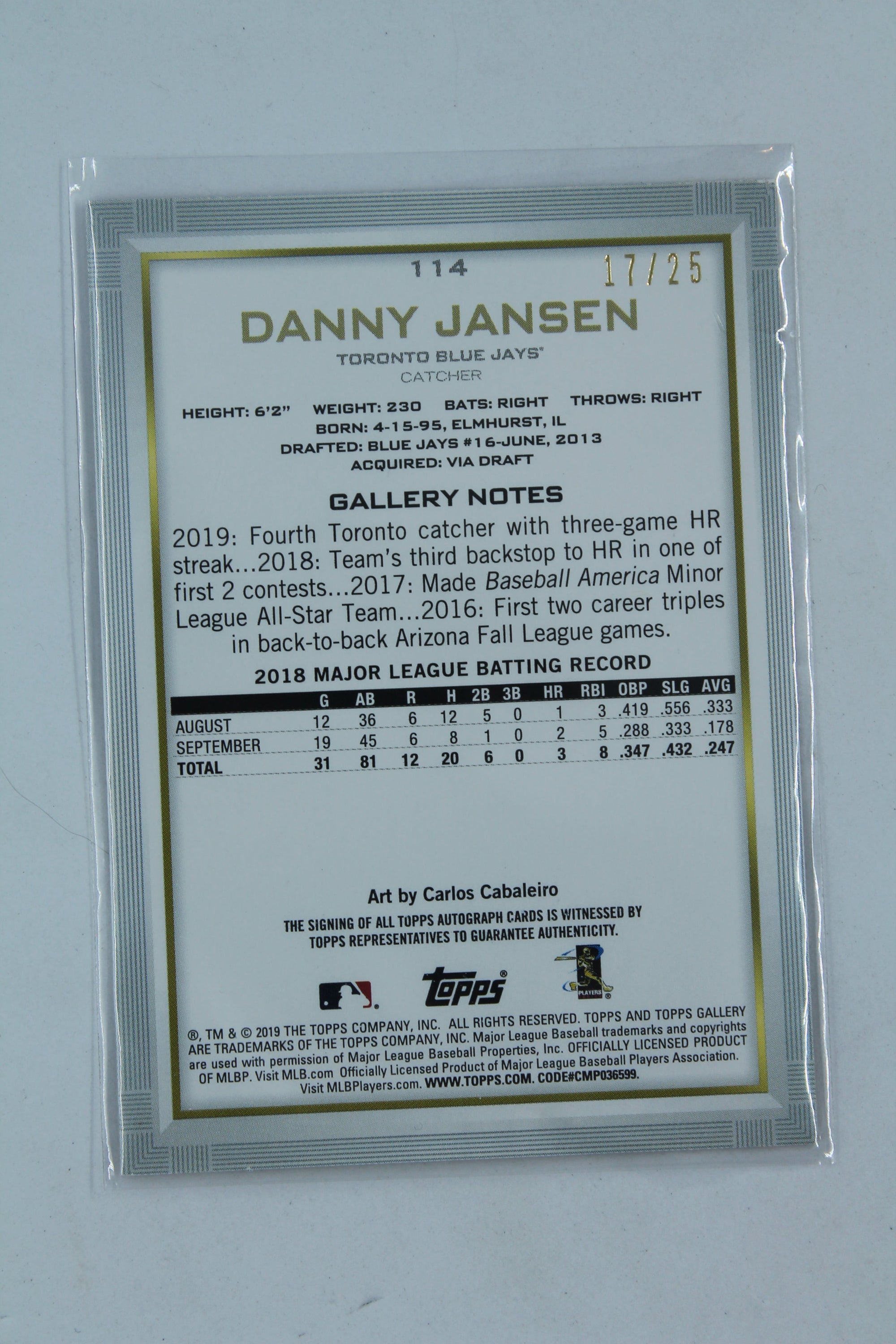 Danny Jansen 2019 Topps Gallery - Orange Autographs Rookie Card #17/25