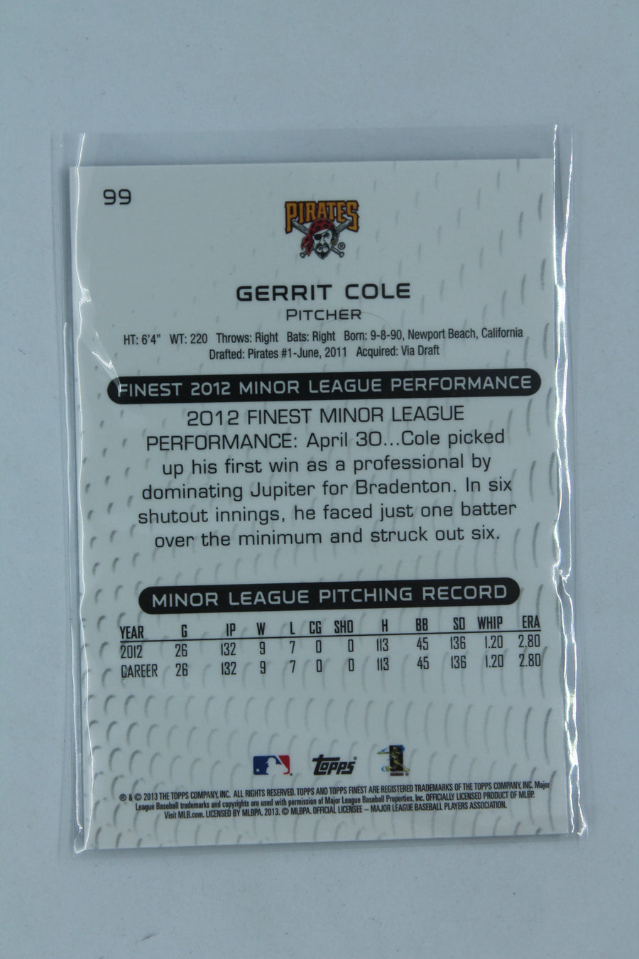 Gerrit Cole 2013 Topps Finest Rookie Card