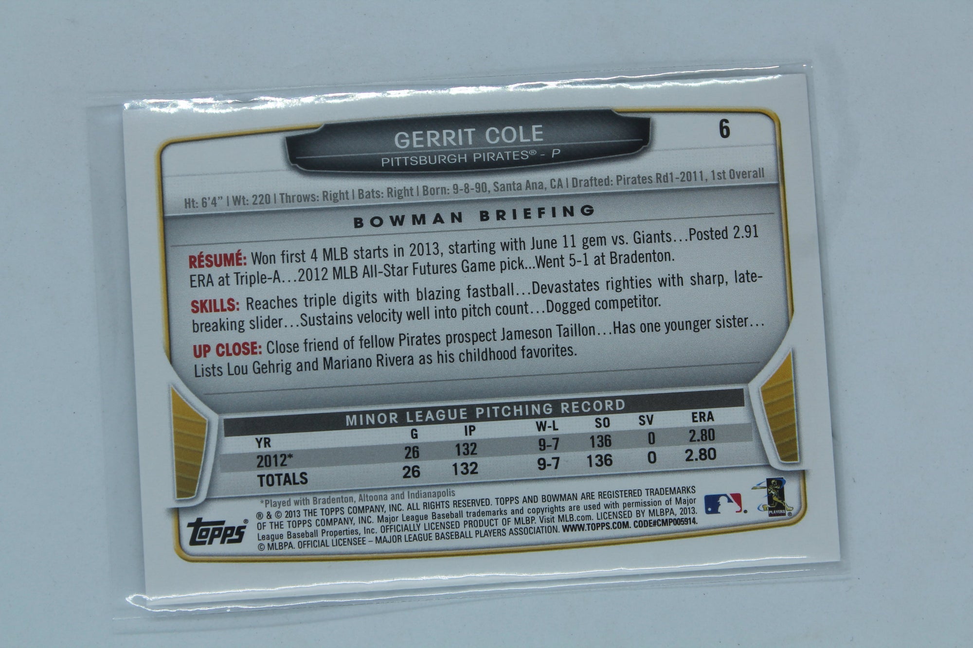 Gerrit Cole 2013 Bowman Draft Picks & Prospects Silver Ice Rookie Card