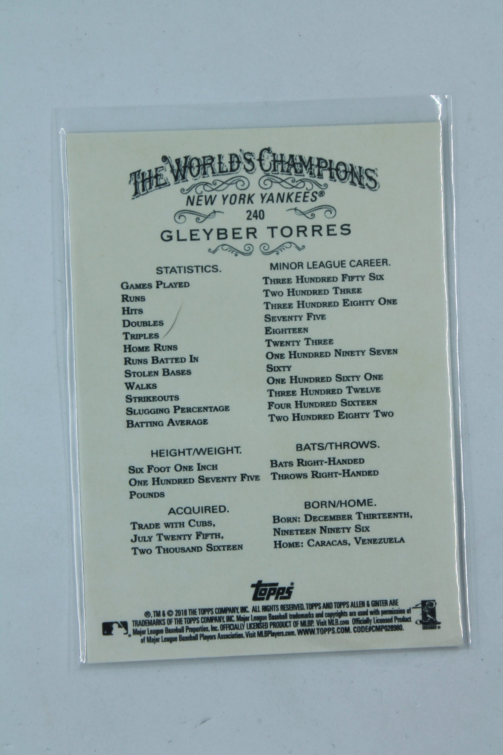 Gleyber Torres 2018 Allen & Ginter's Rookie Card