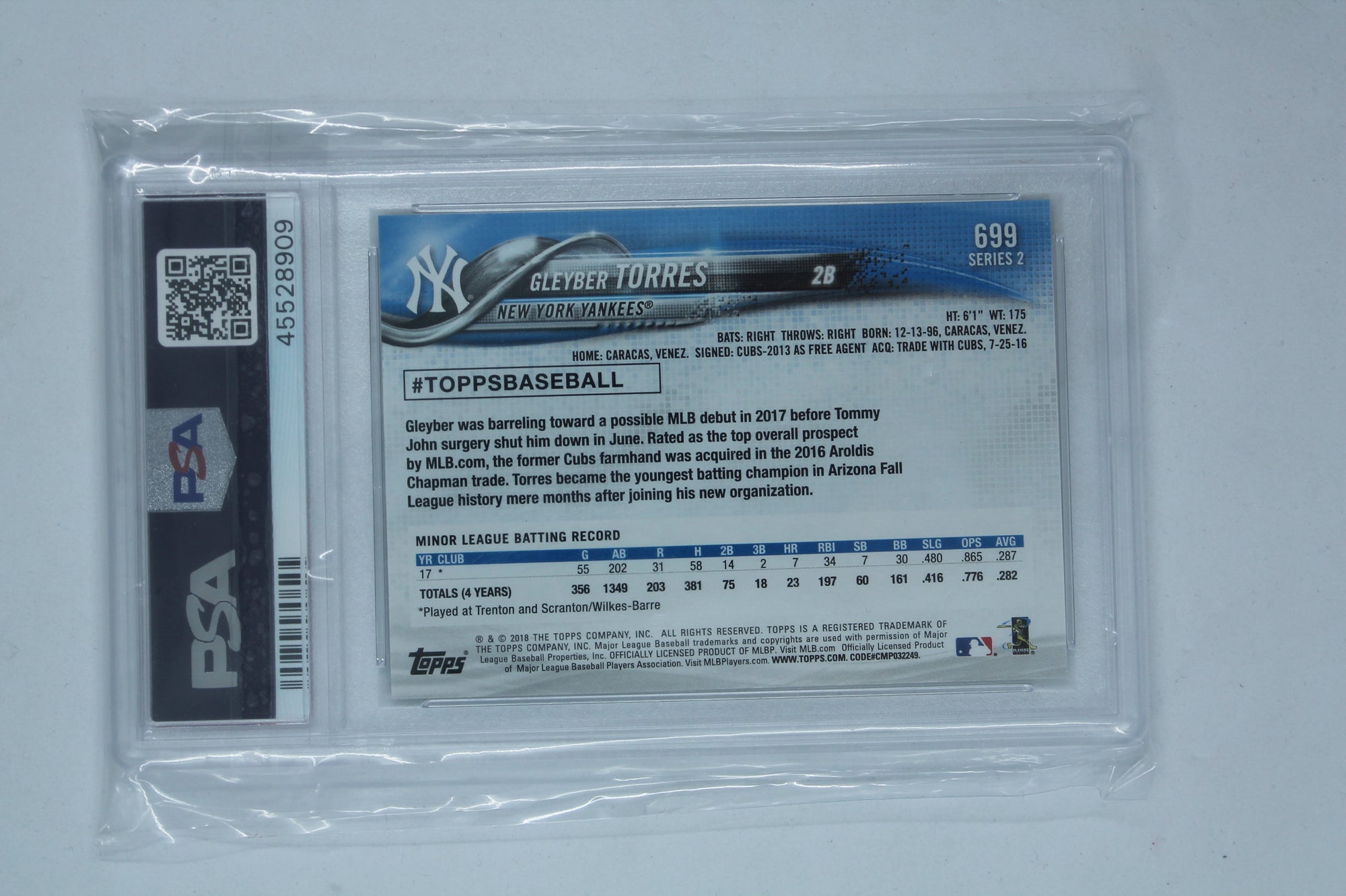 Gleyber Torres 2018 Topps Rookie Card PSA 9 Mint