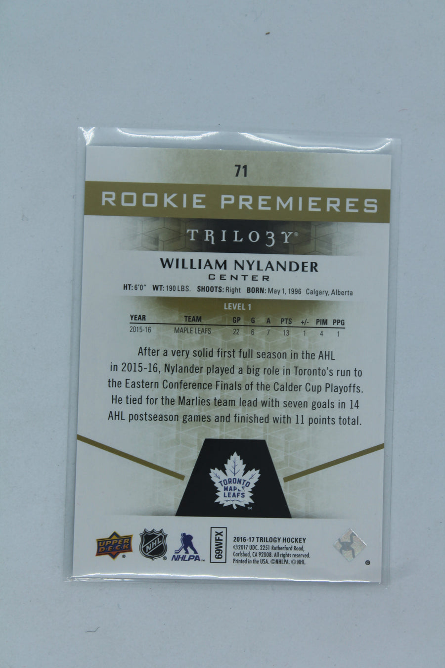 William Nylander 2016-17 Upper Deck Trilogy - Rookie Premiere Level 1 Rookie Card #034/999