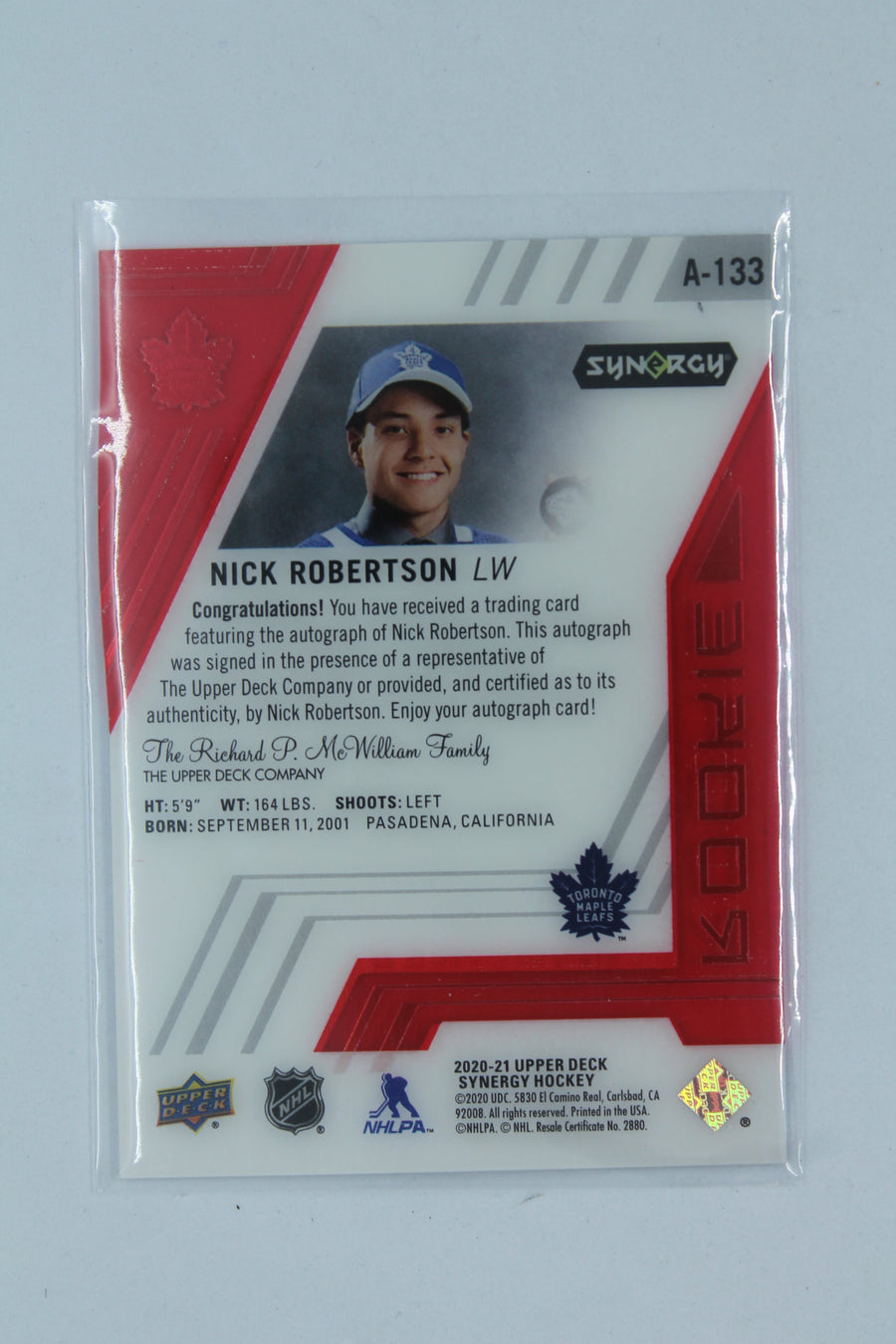 Nick Robertson 2020-21 UD Synergy Rookie Auto Portrait Red Rookie Card #86/99