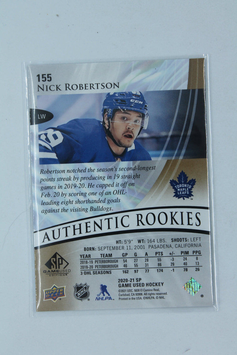 Nick Robertson 2020-21 Upper Deck SP Game Used Golden Burst Rookie Card #99/299
