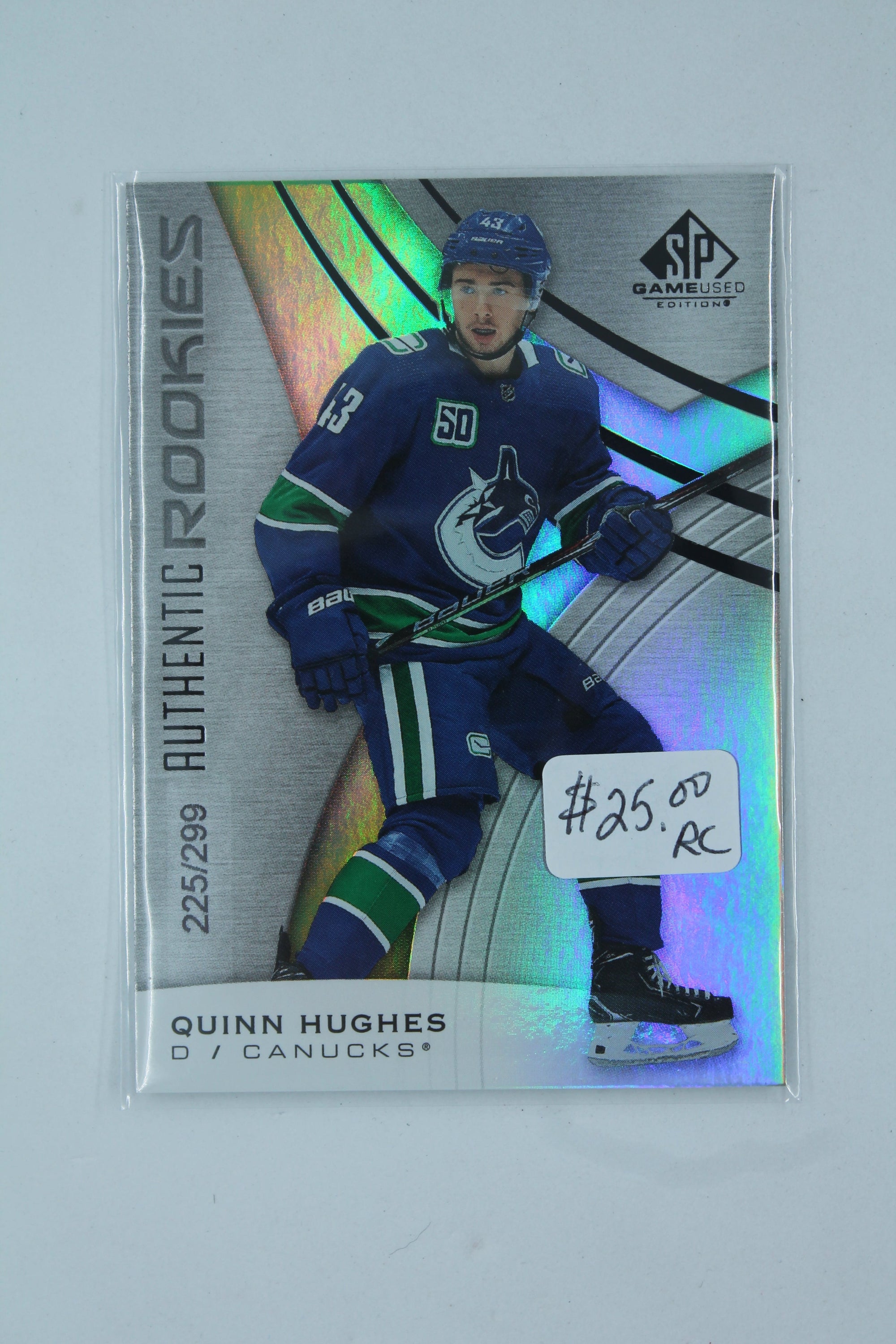 Quinn Hughes 2019-20 Upper Deck SP Game Used Rainbow Rookies Rookie Card #225/299