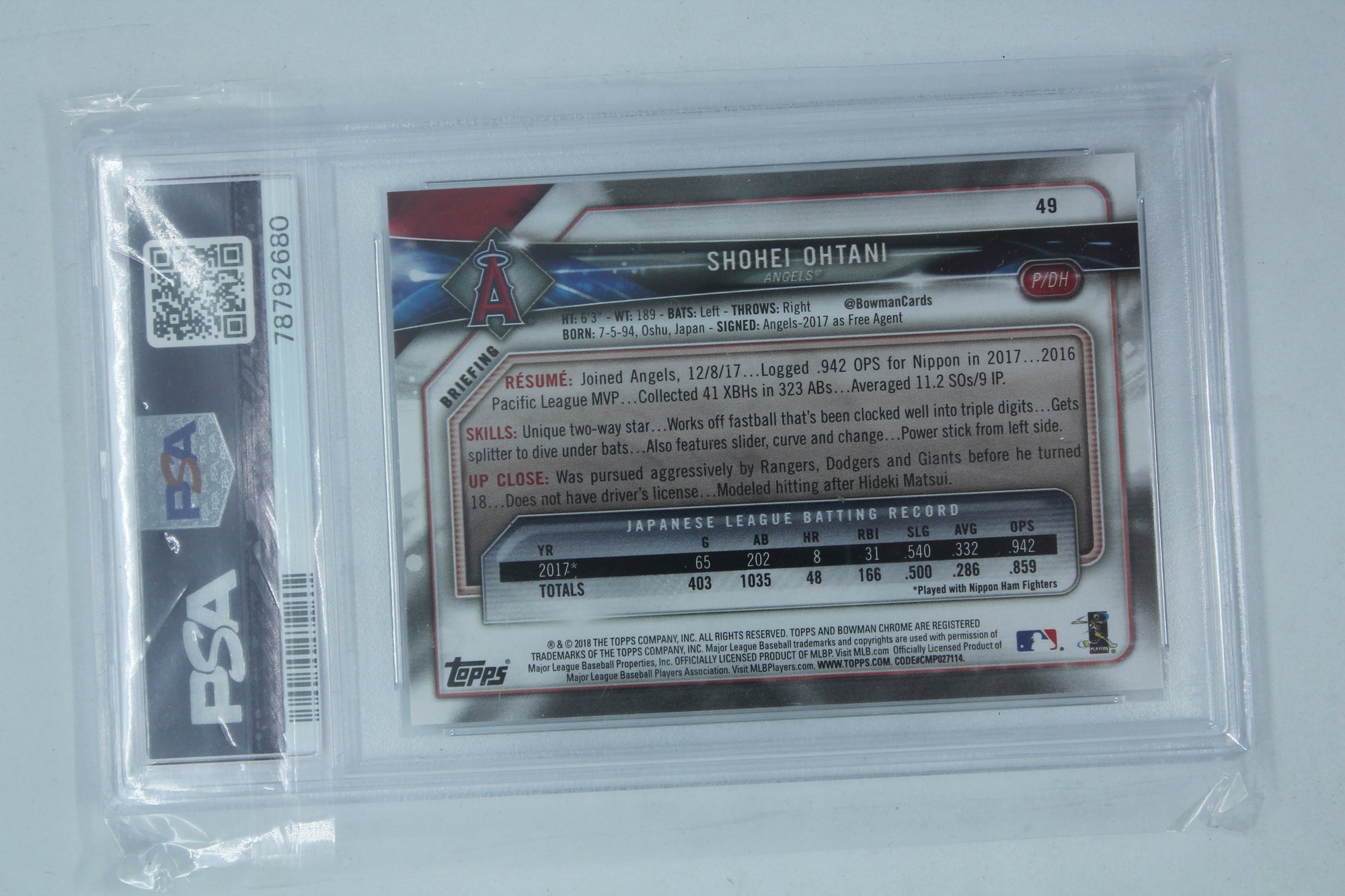 Shohei Ohtani 2018 Bowman Rookie Card - PSA Mint 9