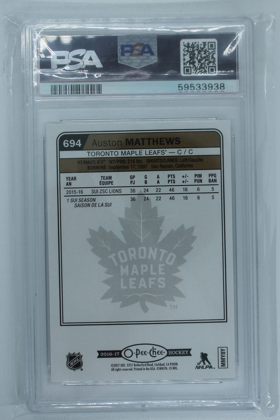 Auston Matthews 2016-17 O-Pee-Chee Update Rainbow Foil Rookie Card PSA 9