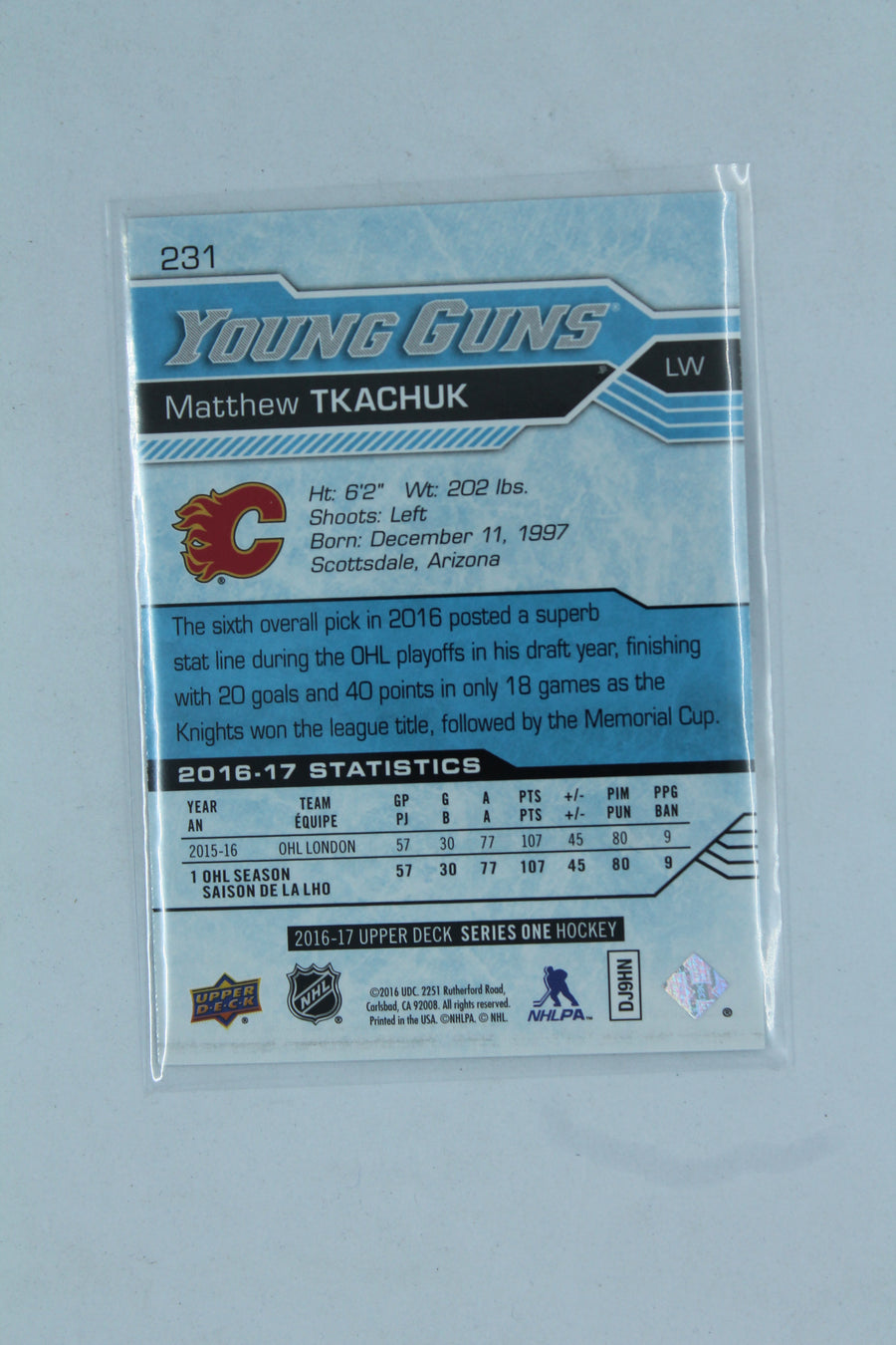 Matthew Tkachuk 2016-17 Upper Deck Young Guns Rookie Card
