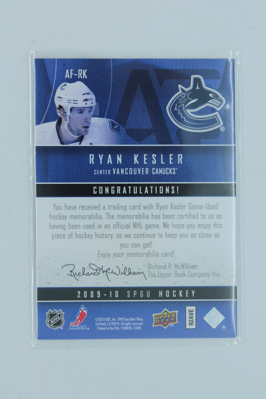 Ryan Kesler 2009-10 SP Game Used Edition - Authentic Fabrics - Jersey Card