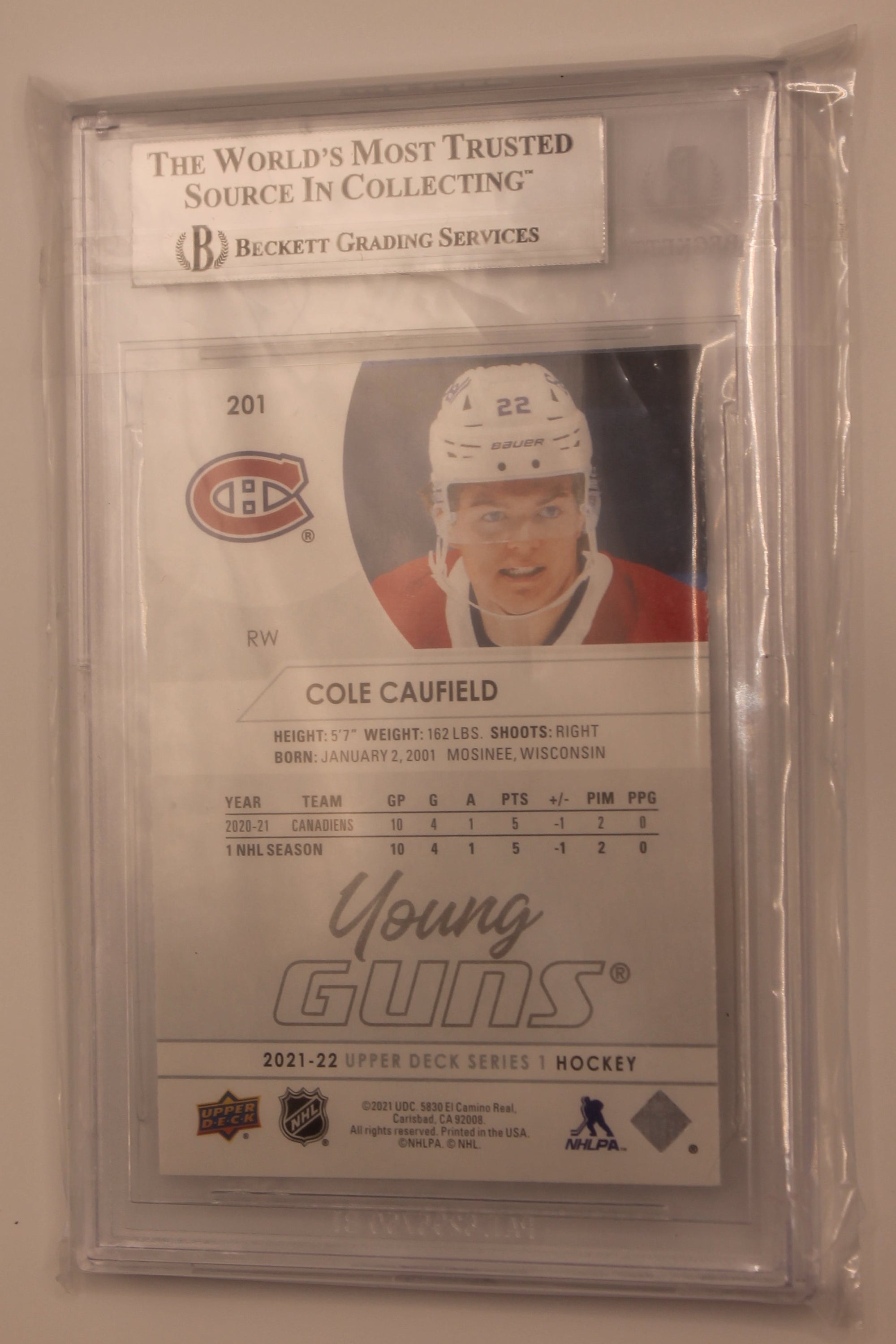 Cole Caufield 2021-22 Upper Deck Series 1 - Young Guns - [Beckett 8.5 NM/Mt+] Rookie Card