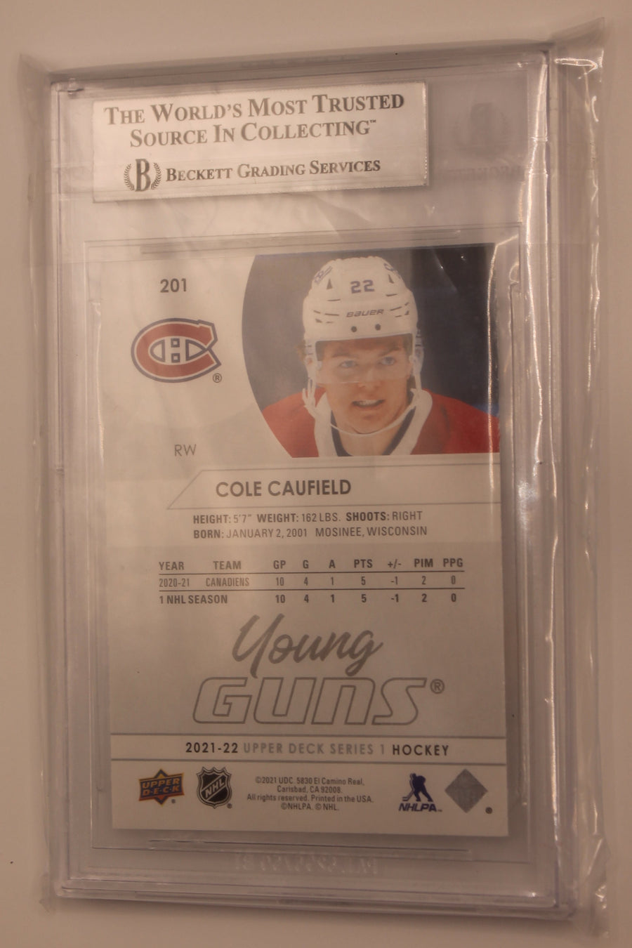 Cole Caufield 2021-22 Upper Deck Series 1 - Young Guns - [Beckett 8.5 NM/Mt+] Rookie Card