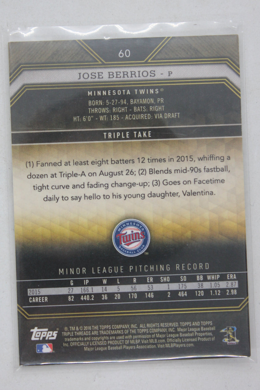 Jose Berrios 2016 Topps Triple Threads Onyx Rookie Card #05/50