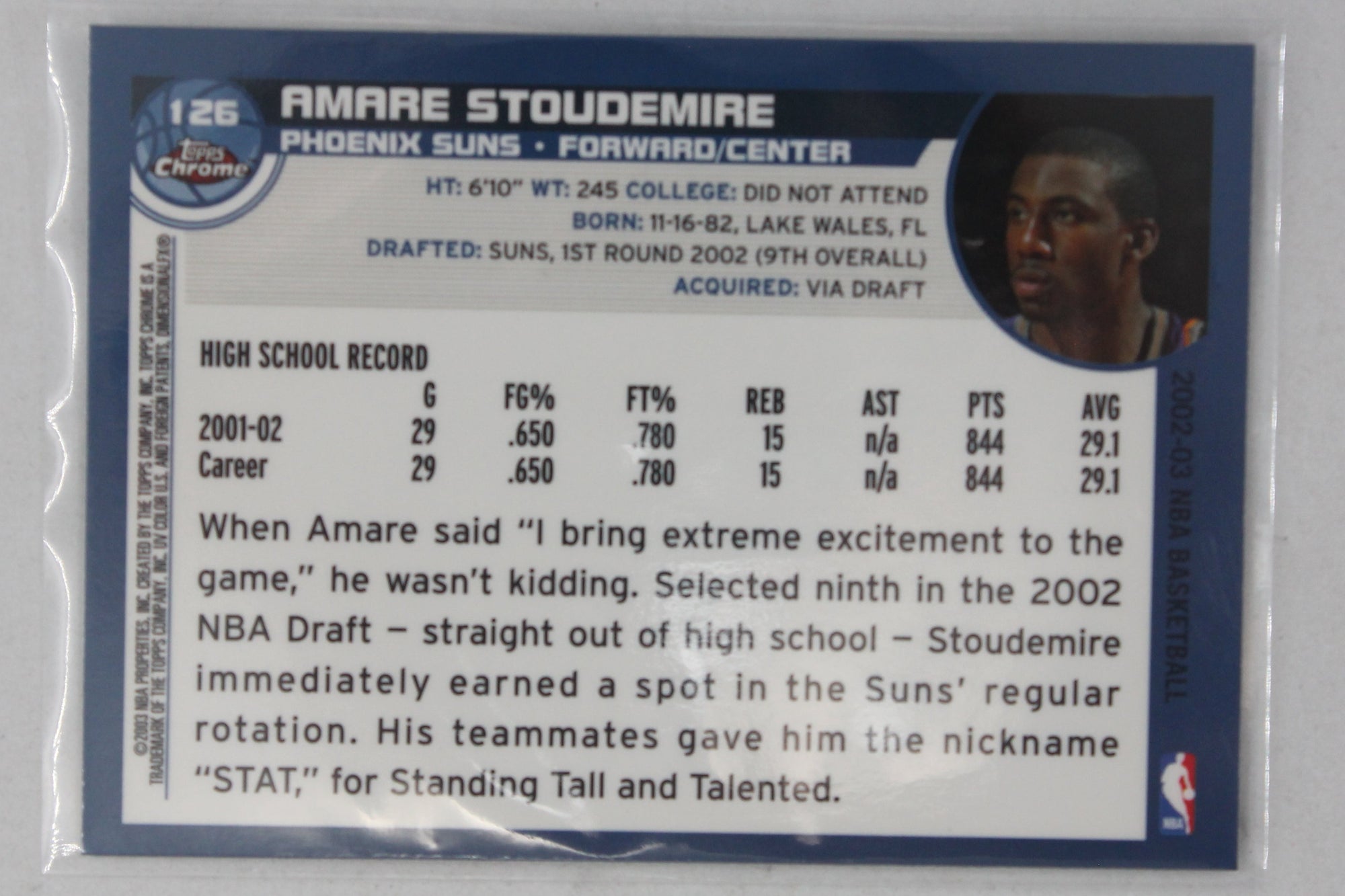 Amar'e Stoudemire 2002-03 Topps Chrome Rookie Card