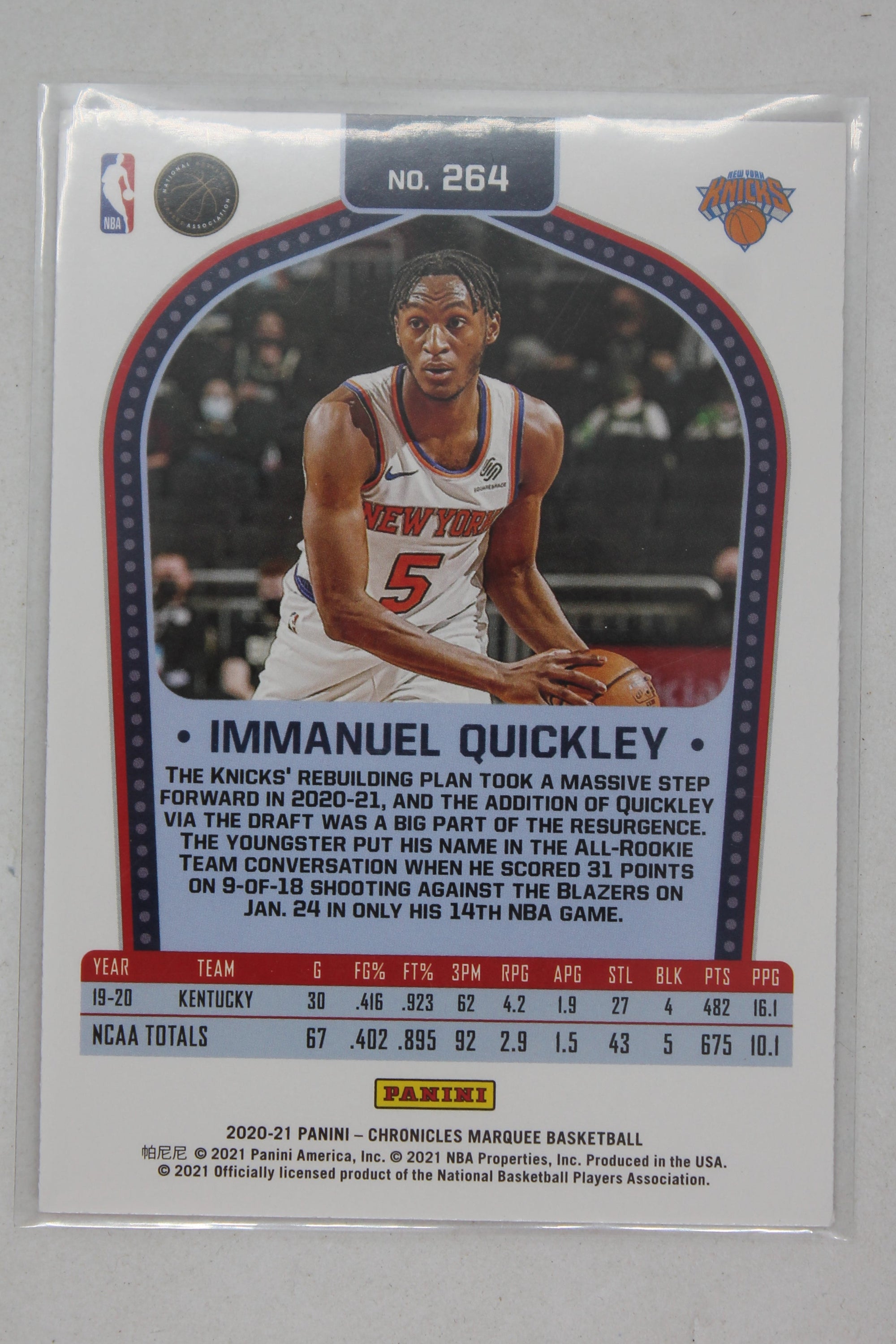 Immanuel Quickley 2020-21 Panini Chronicles - Pink Marquee Rookie Card