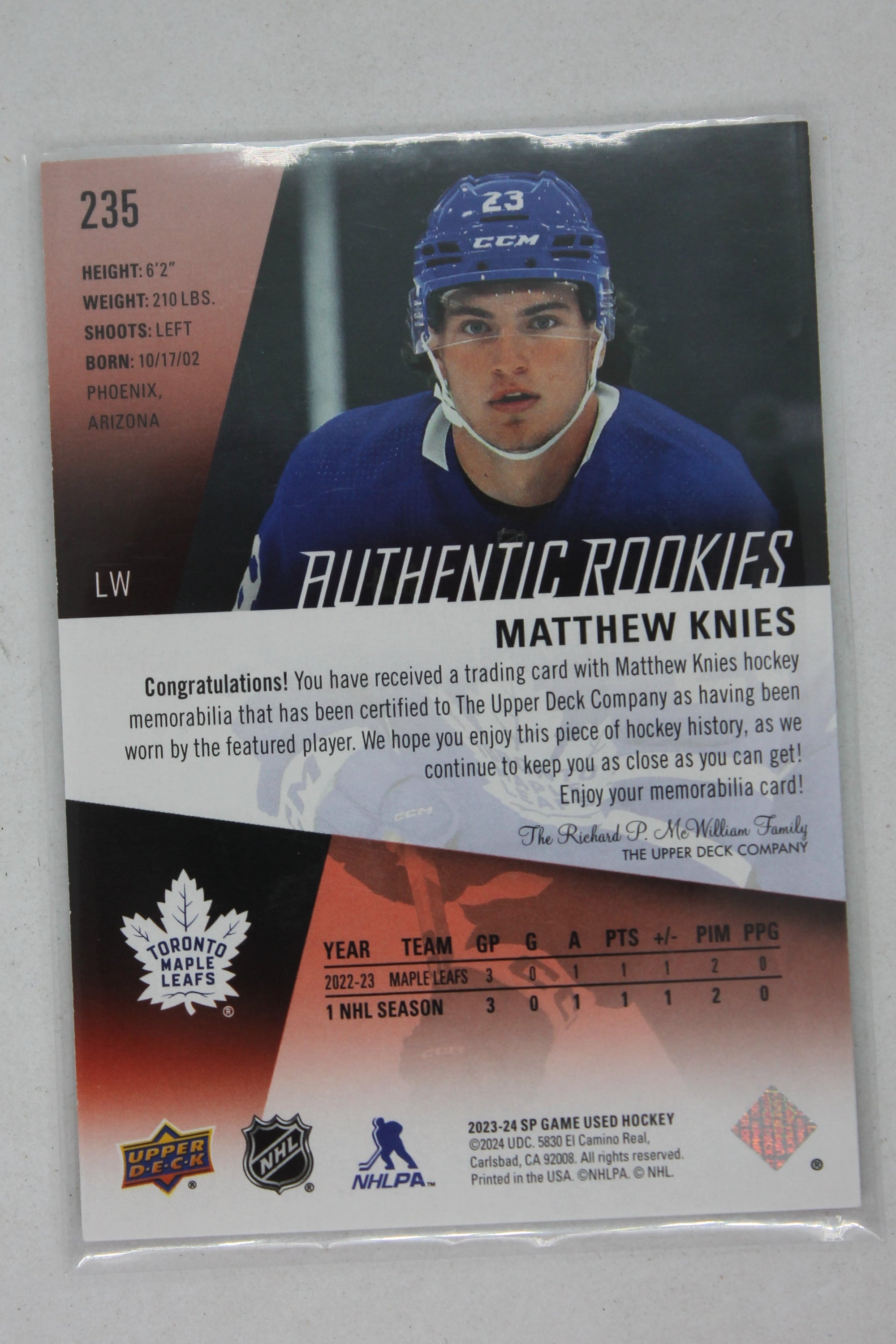 Matthew Knies 2023-24 Upper Deck SP Game-Used Jersey Rookie Card