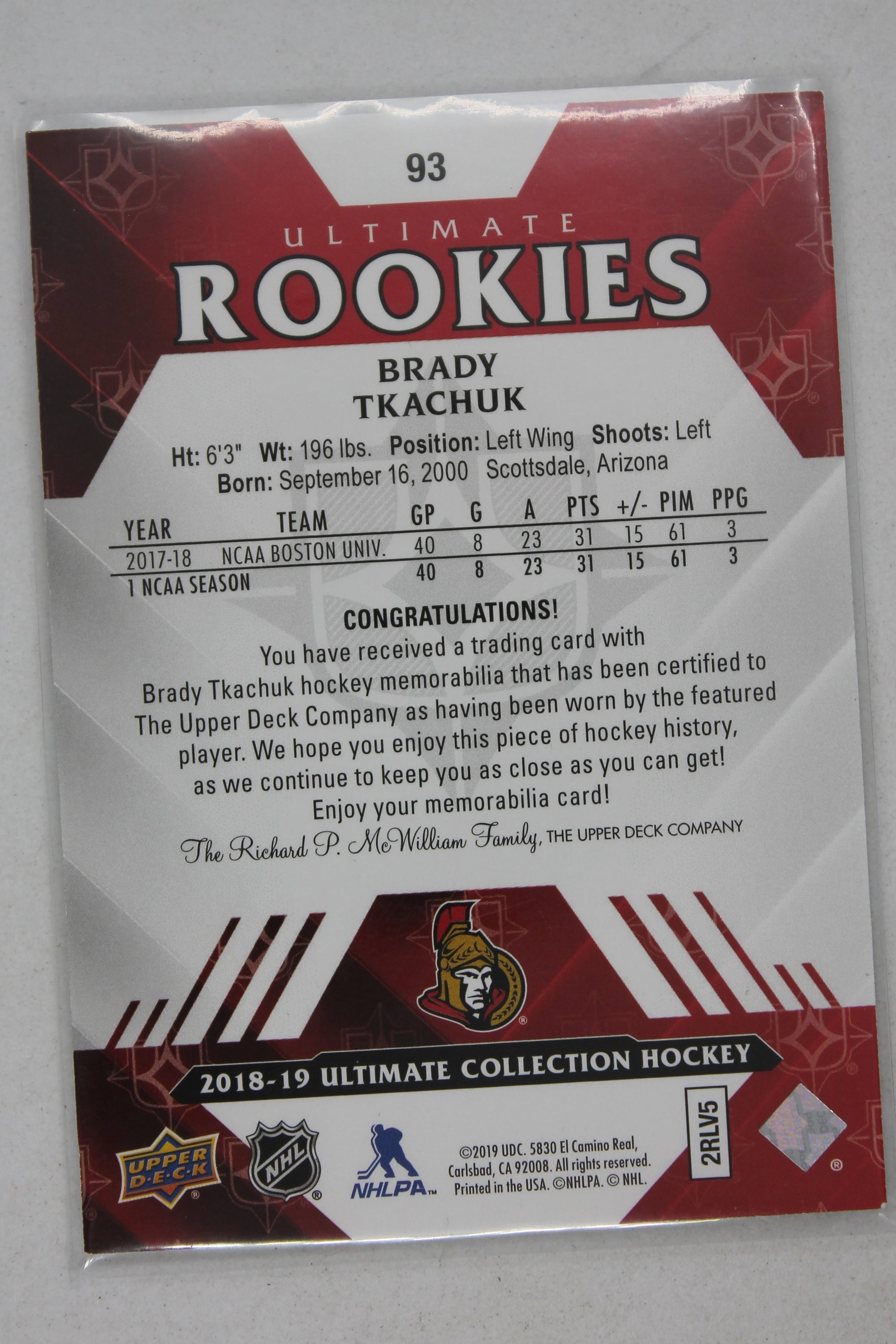 Brady Tkachuk 2018-19 Upper Deck Ultimate Collection - Ultimate Rookies - RC #324/399