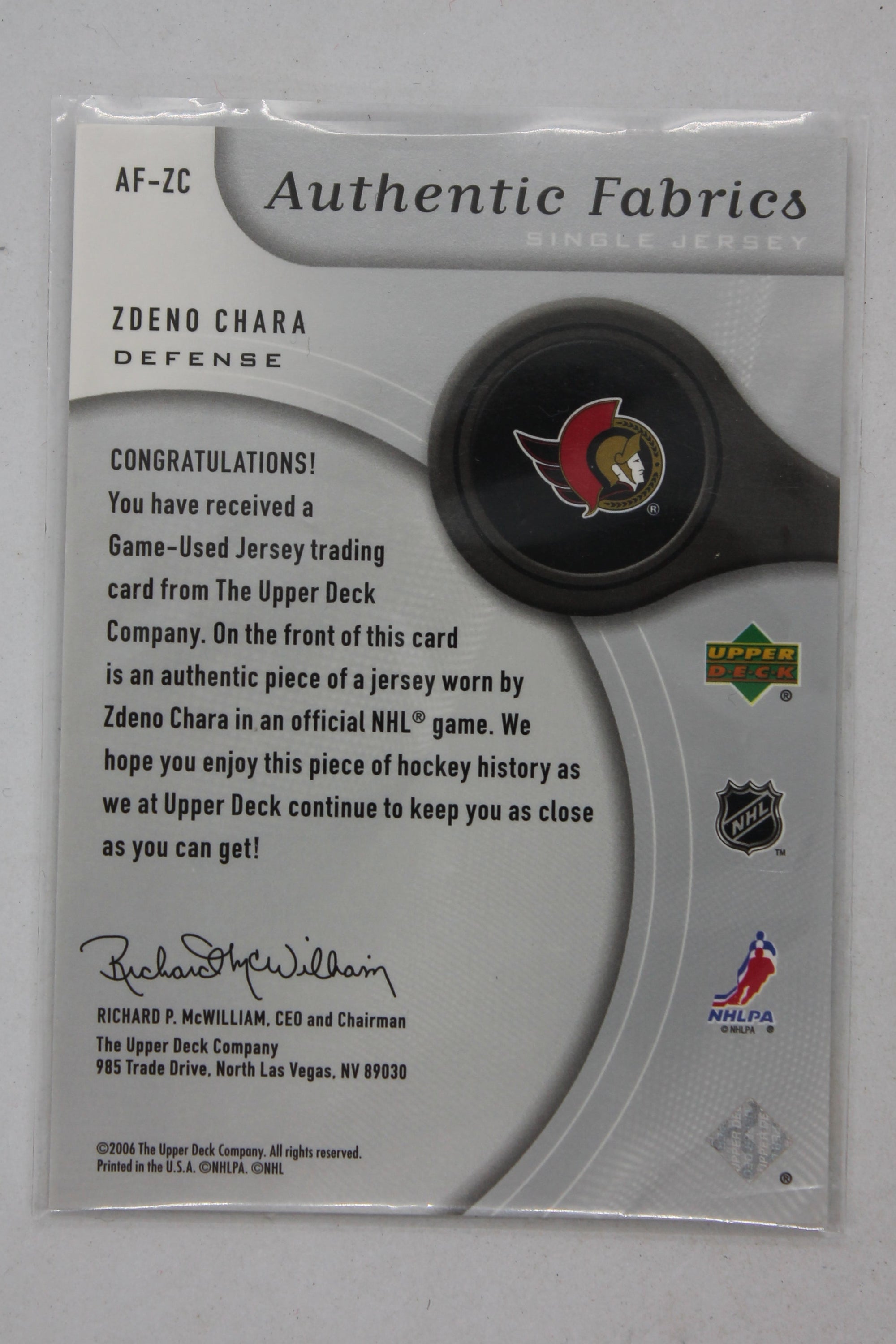 Zdeno Chara 2005-06 SP Game Used Edition - Authentic Fabrics #AF-ZC Jersey Card