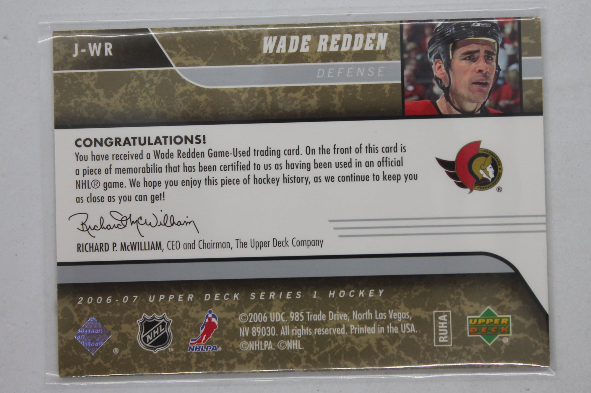 Wade Redden 2006-07 Upper Deck - UD Game Jersey #J-WR Jersey Card