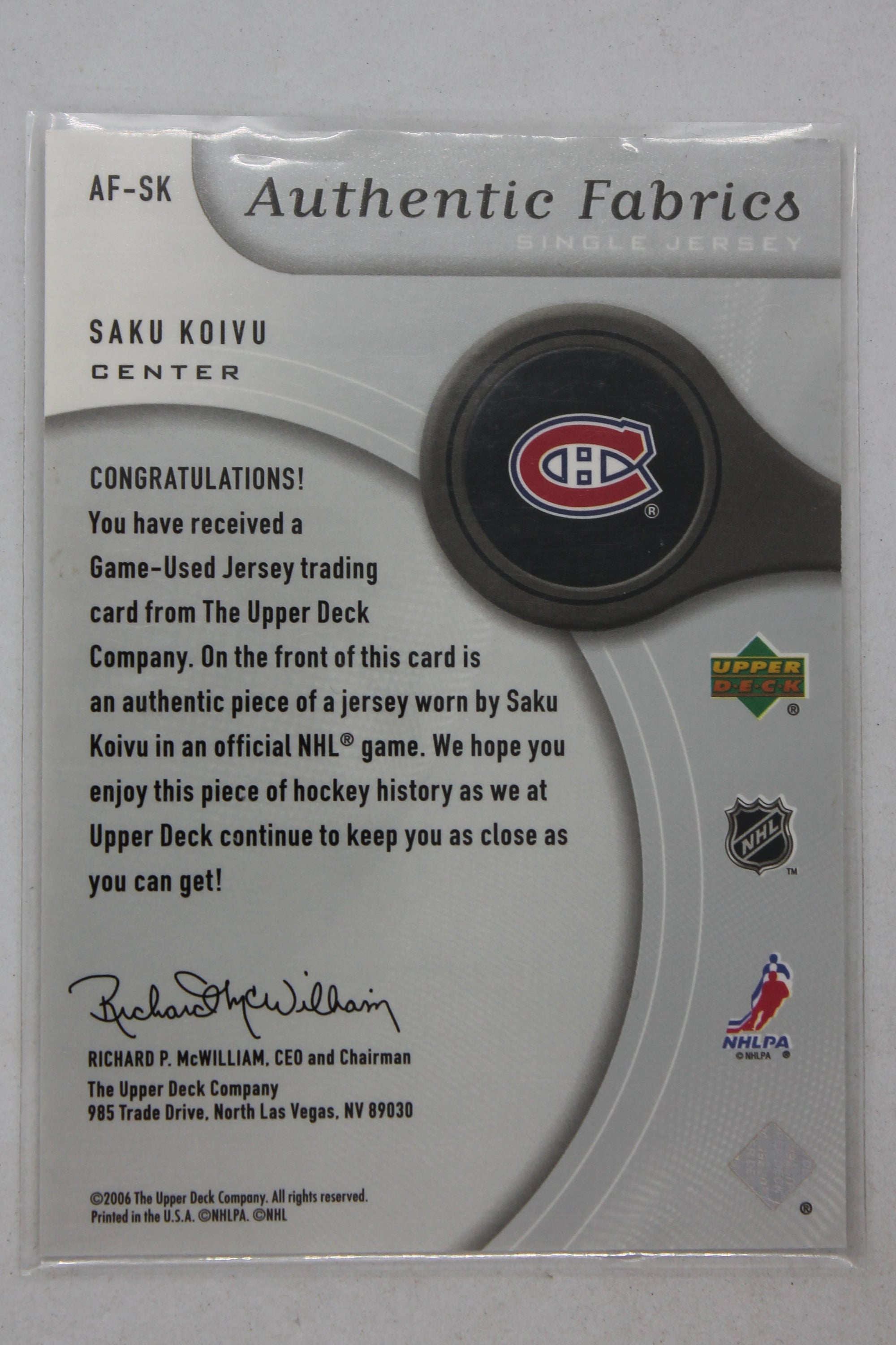 Saku Koivu 2005-06 SP Game Used Edition - Authentic Fabrics #AF-SK Jersey Card