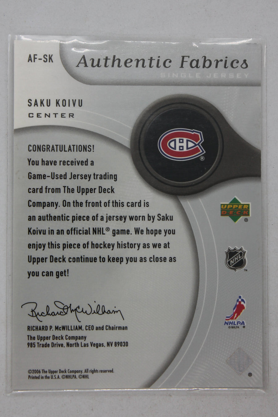 Saku Koivu 2005-06 SP Game Used Edition - Authentic Fabrics #AF-SK Jersey Card