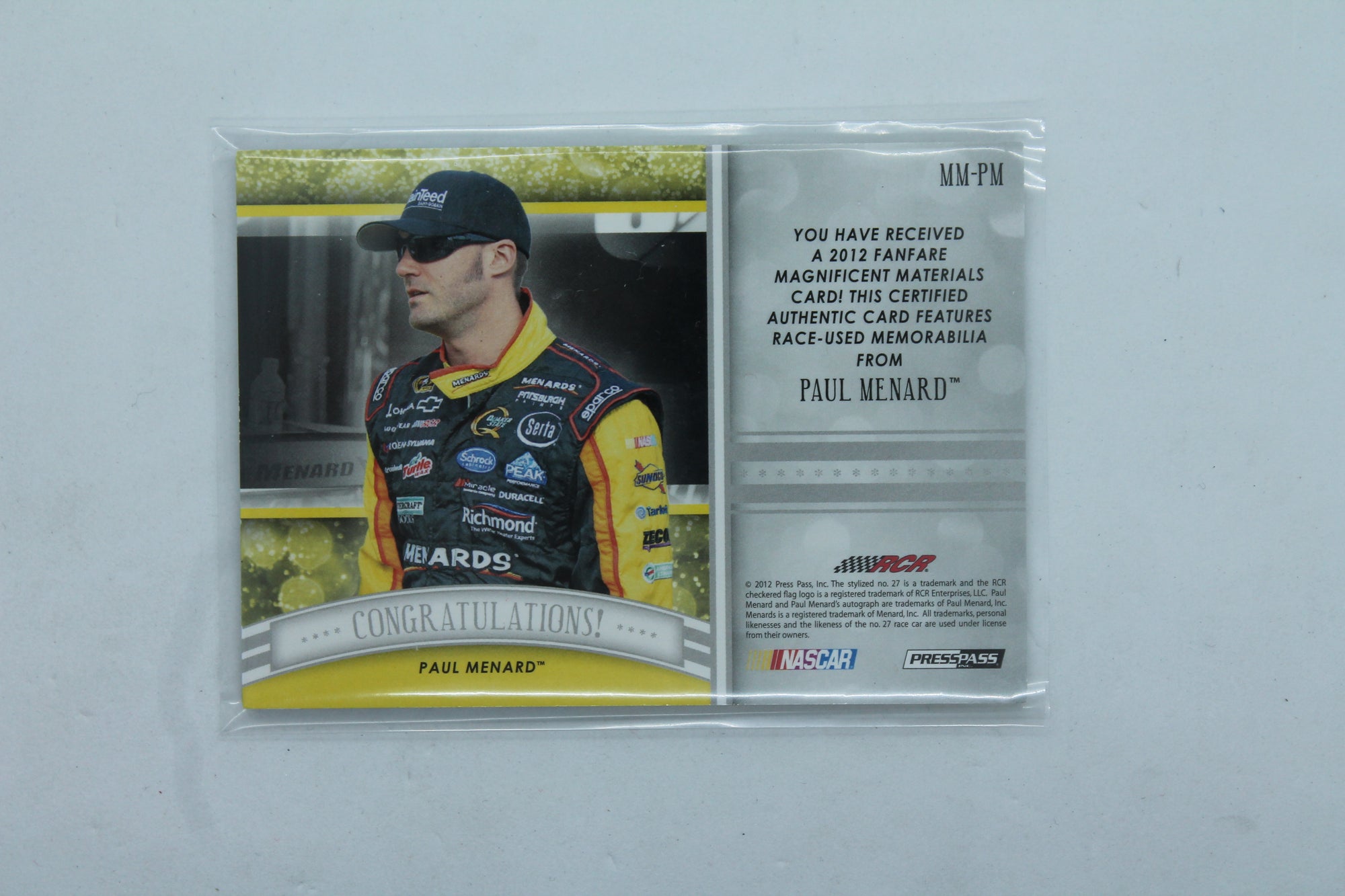 Paul Menard 2012 Press Pass Fanfare - Magnificent Materials #MM-PM #22/50 - Glove & Sheet Metal