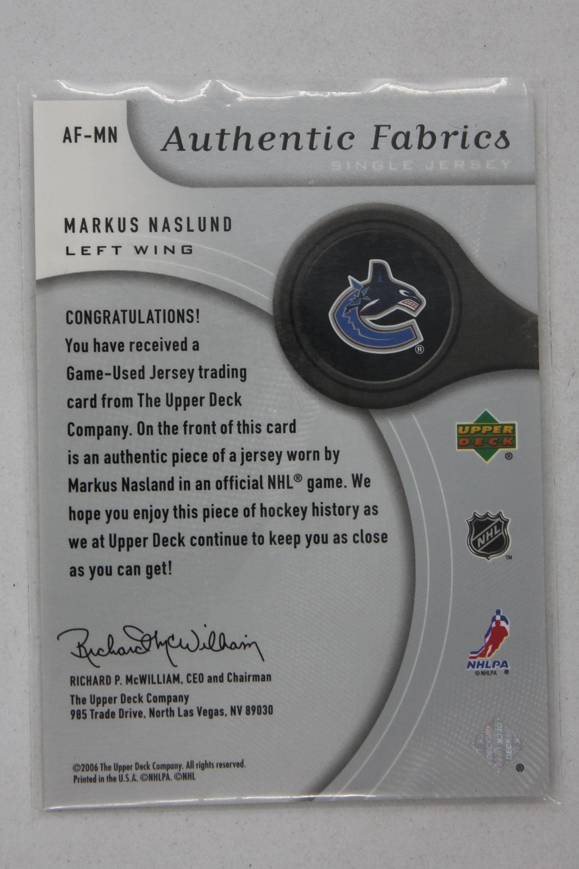 Markus Naslund 2005-06 SP Game Used Edition - Authentic Fabrics #AF-MN Jersey Card